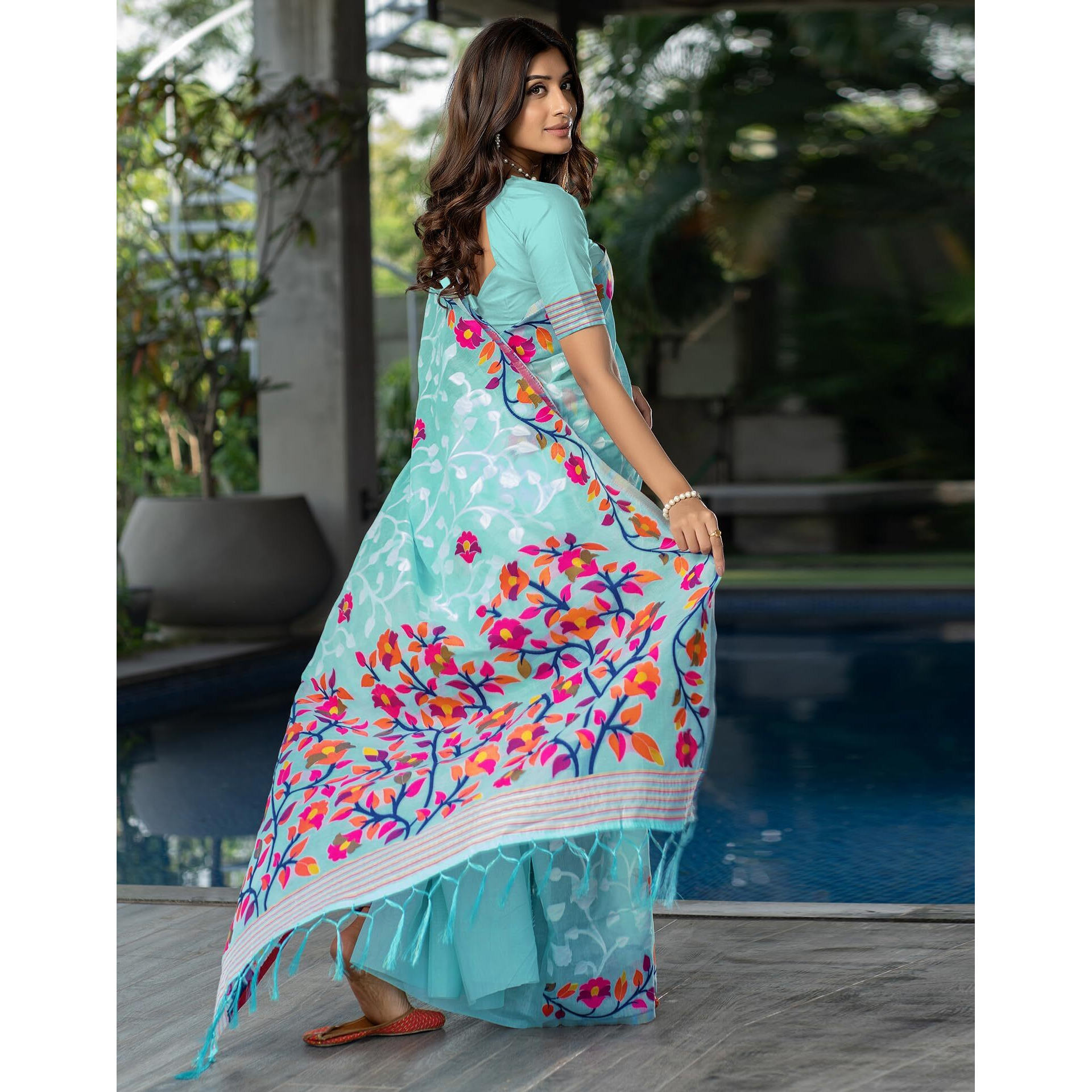 SIRIL Womens Cotton Jacquard Saree With Unstitched Blouse Piece (3417S216_Sky Blue)