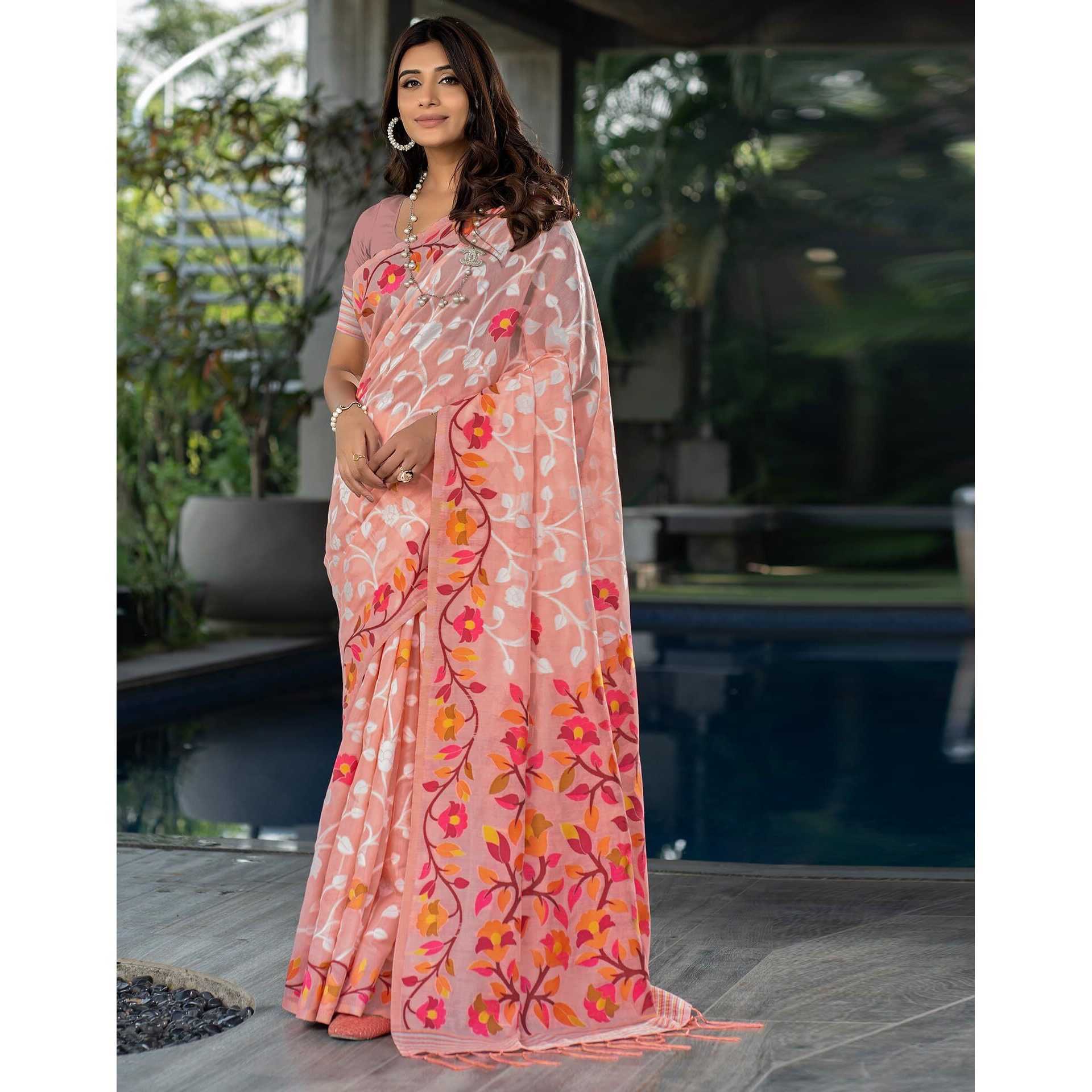 SIRIL Womens Cotton Jacquard Saree With Unstitched Blouse Piece (3417S215_Peach)