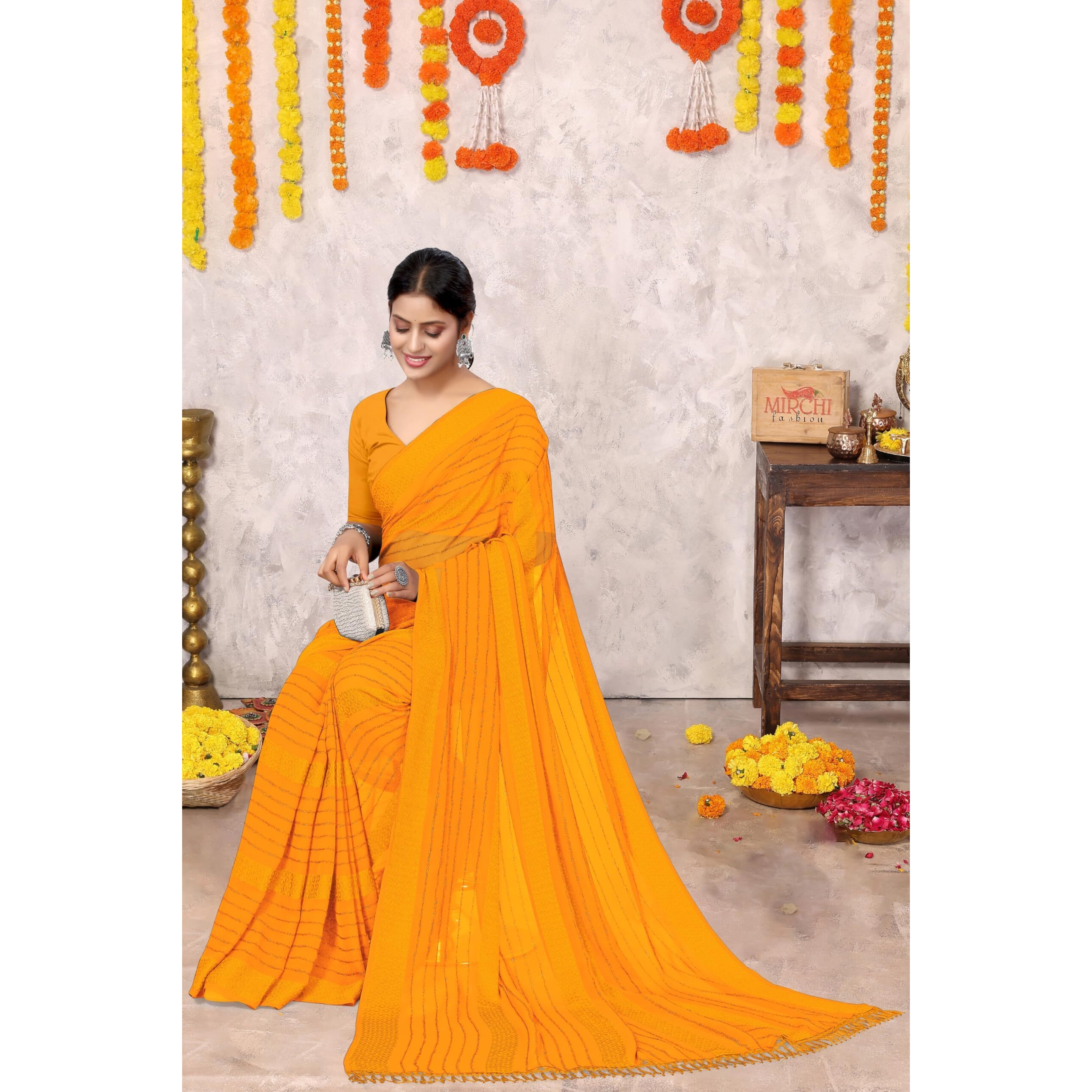 MIRCHI FASHION Womens Georgette Lining Design Solid Saree with Blouse Piece (41066-Yellow)