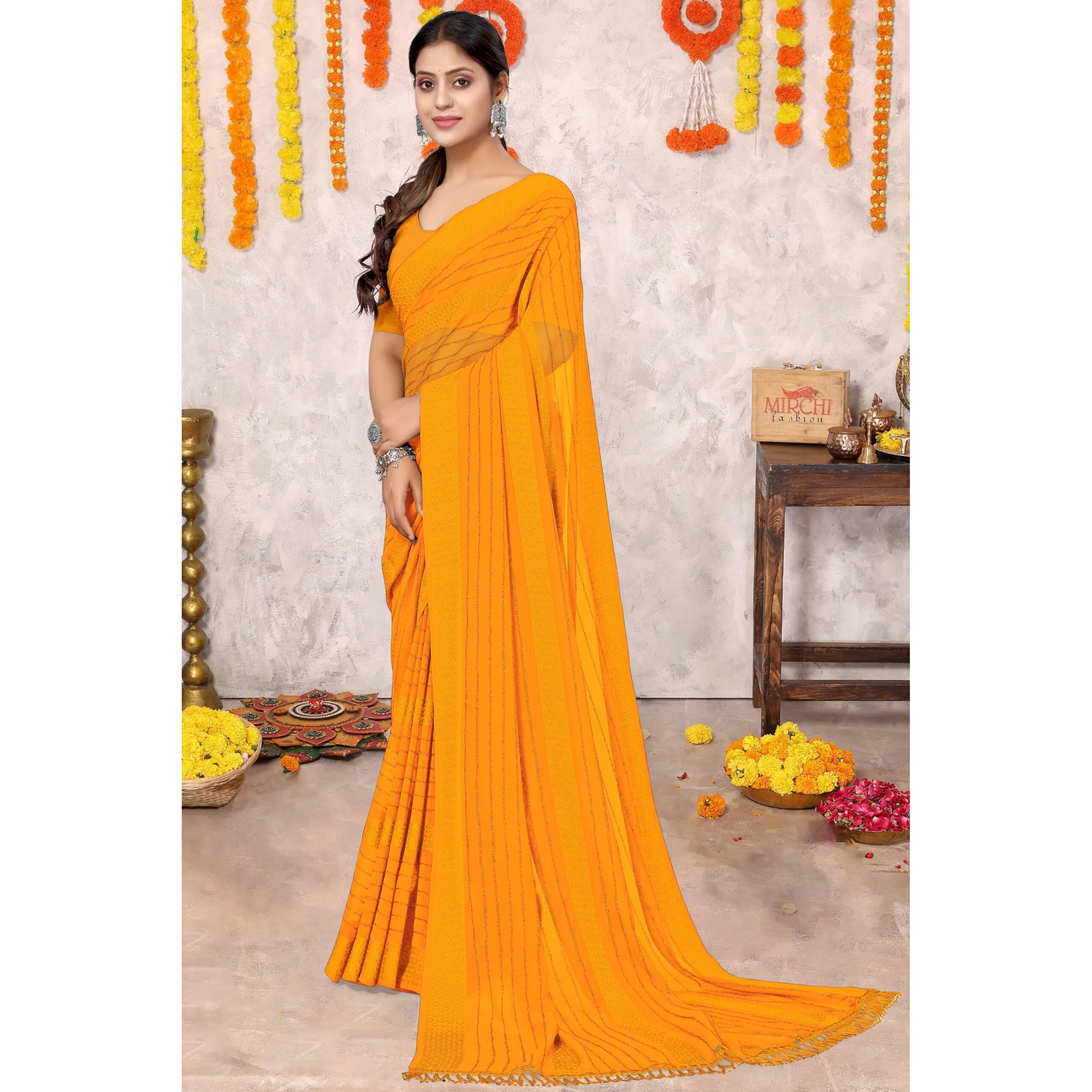 MIRCHI FASHION Womens Georgette Lining Design Solid Saree with Blouse Piece (41066-Yellow)