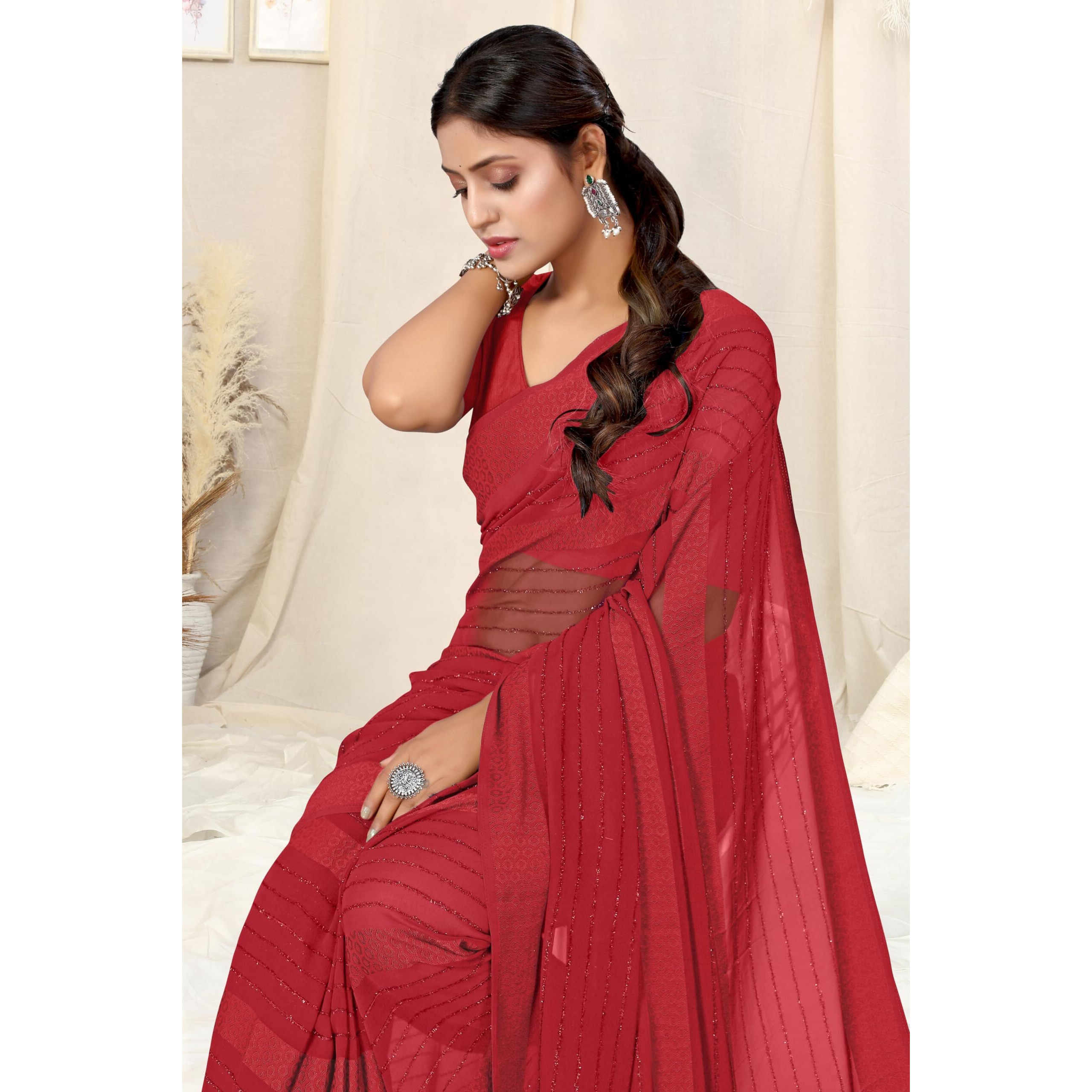 MIRCHI FASHION Womens Georgette Solid Saree with Blouse Piece (40172-Red)