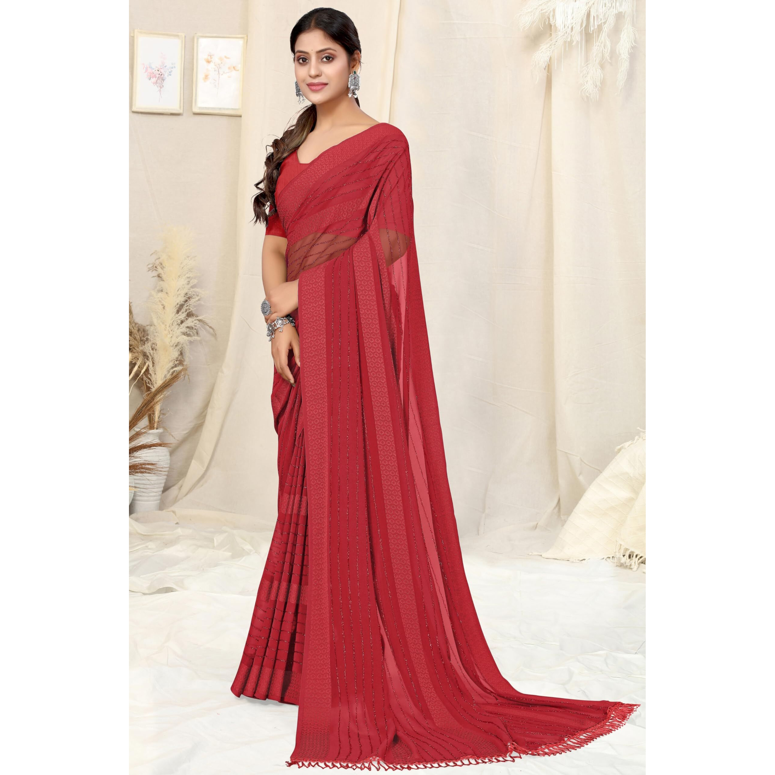 MIRCHI FASHION Womens Georgette Solid Saree with Blouse Piece (40172-Red)
