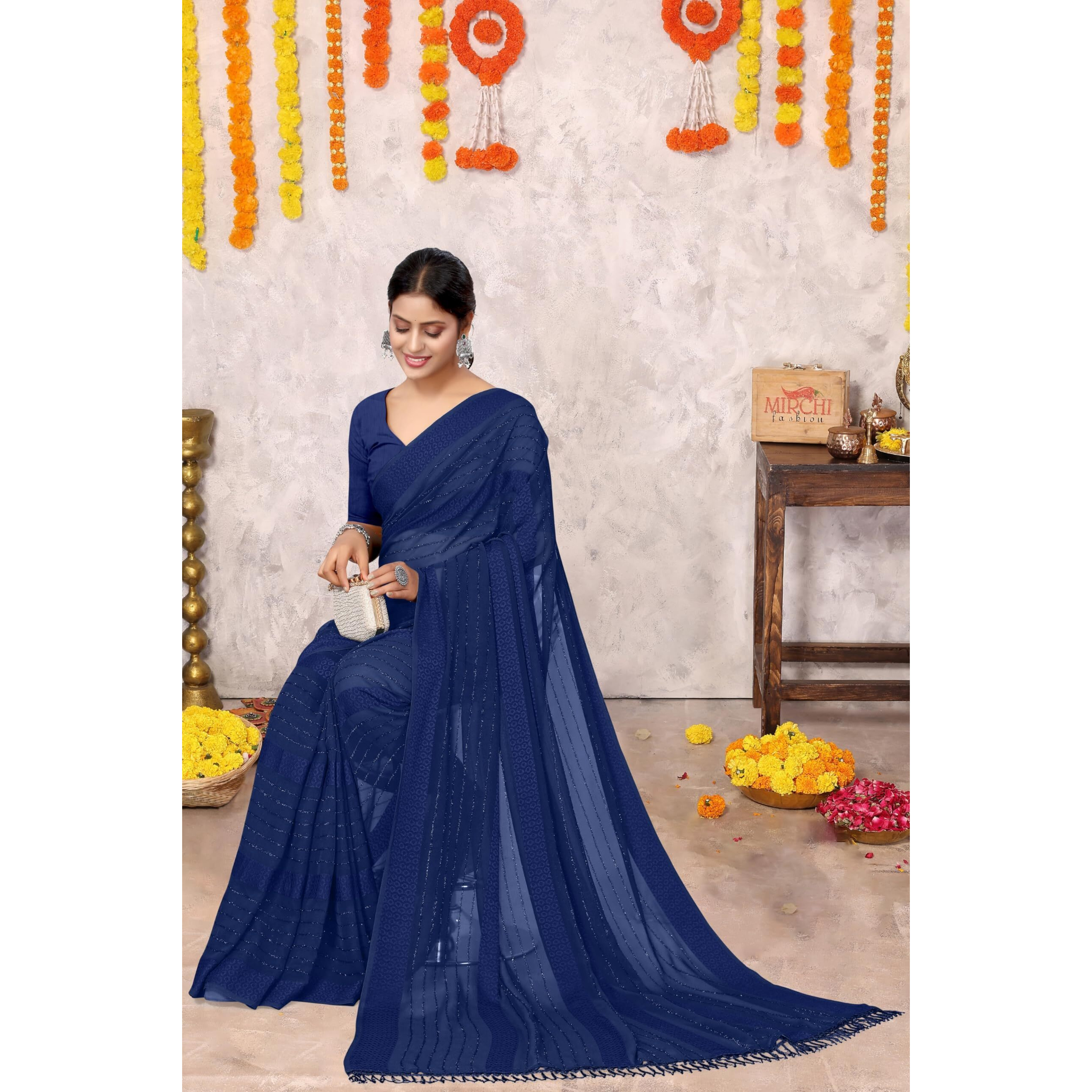 MIRCHI FASHION Womens Georgette Lining Design Solid Saree with Blouse Piece (41067-Navy Blue)
