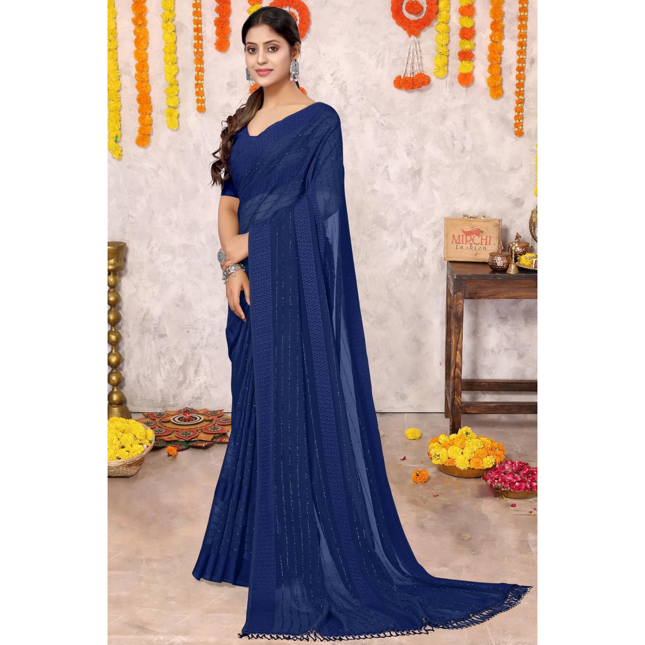 MIRCHI FASHION Womens Georgette Lining Design Solid Saree with Blouse Piece (41067-Navy Blue)