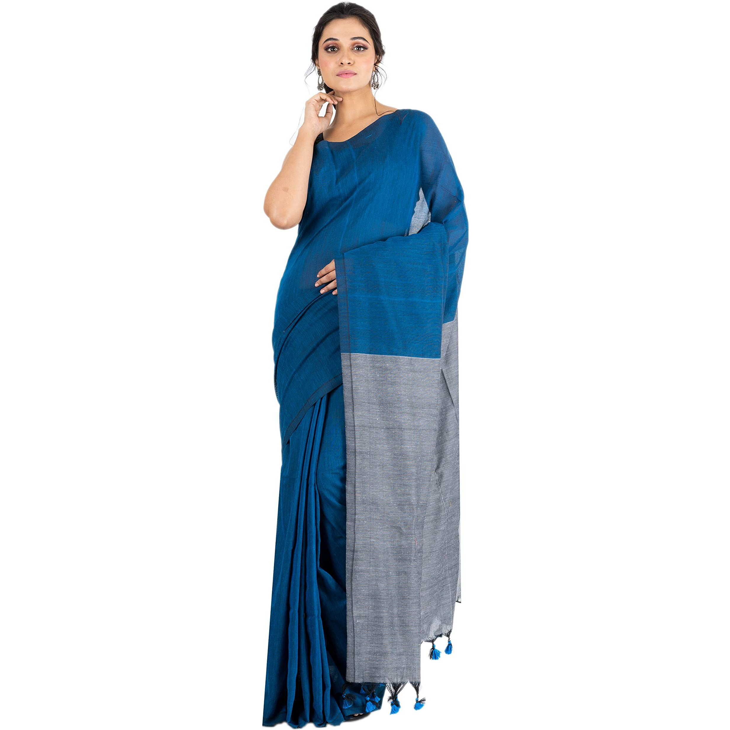 Durga Handlooms Womens Cotton Soft Handloom Saree, Without Blouse Piece, 6 meters, Twin Colours, Blue