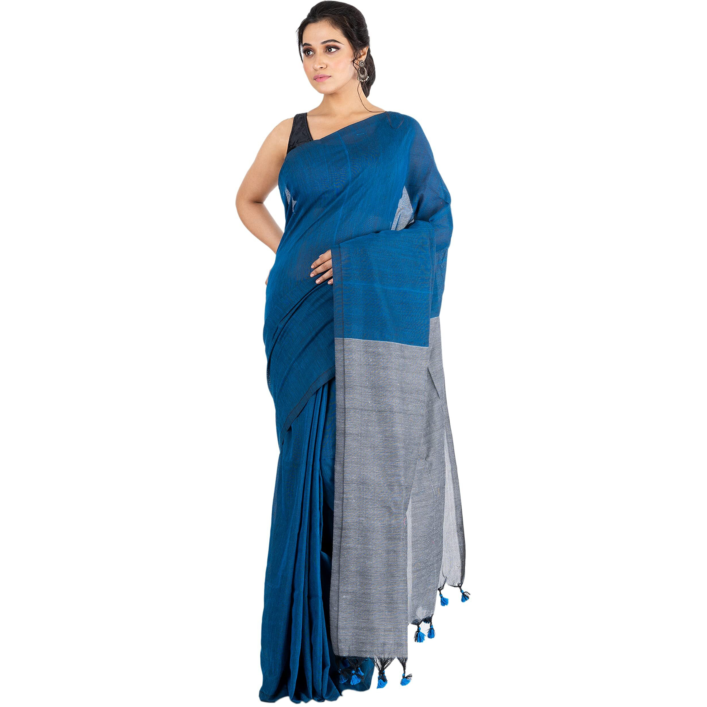 Durga Handlooms Womens Cotton Soft Handloom Saree, Without Blouse Piece, 6 meters, Twin Colours, Blue