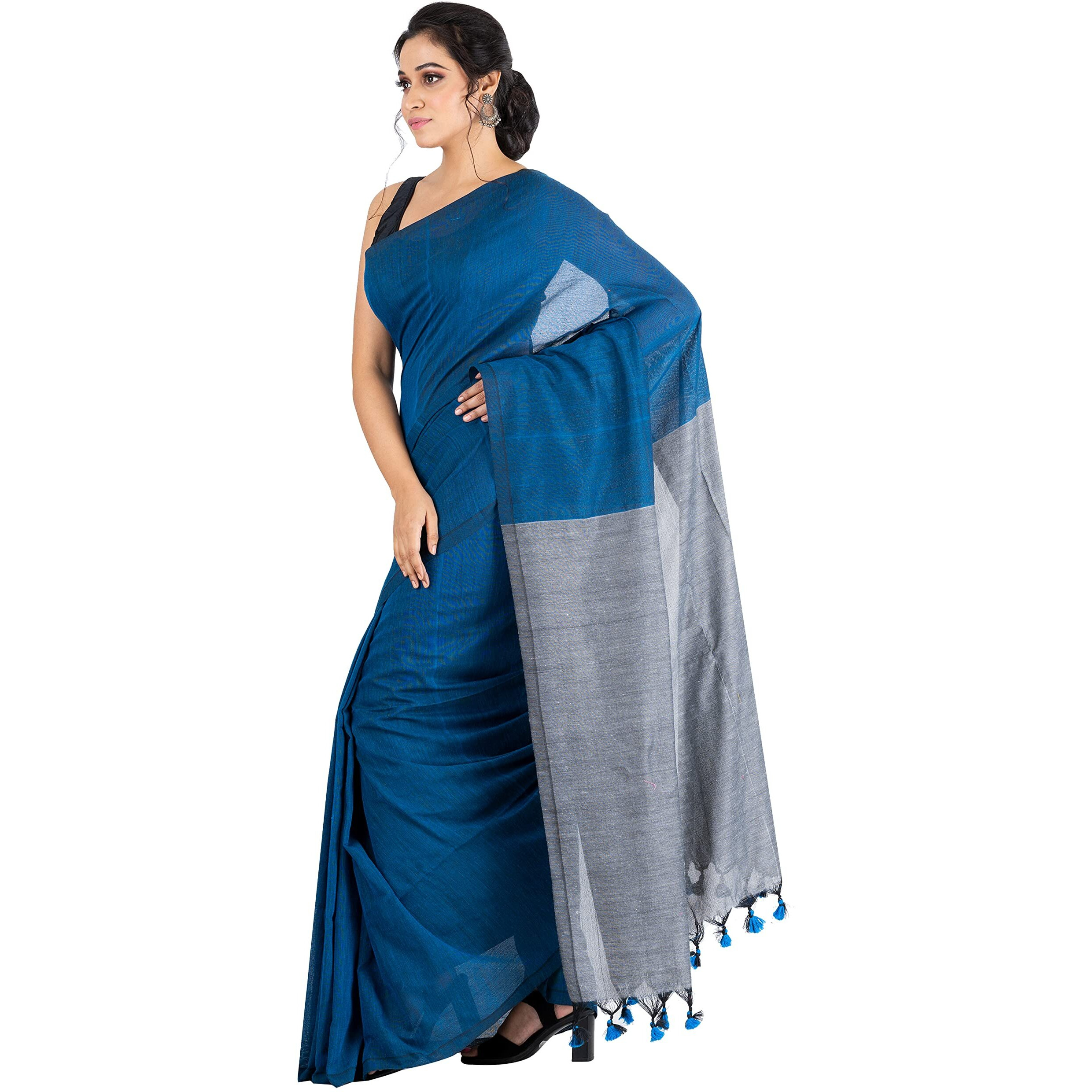 Durga Handlooms Womens Cotton Soft Handloom Saree, Without Blouse Piece, 6 meters, Twin Colours, Blue