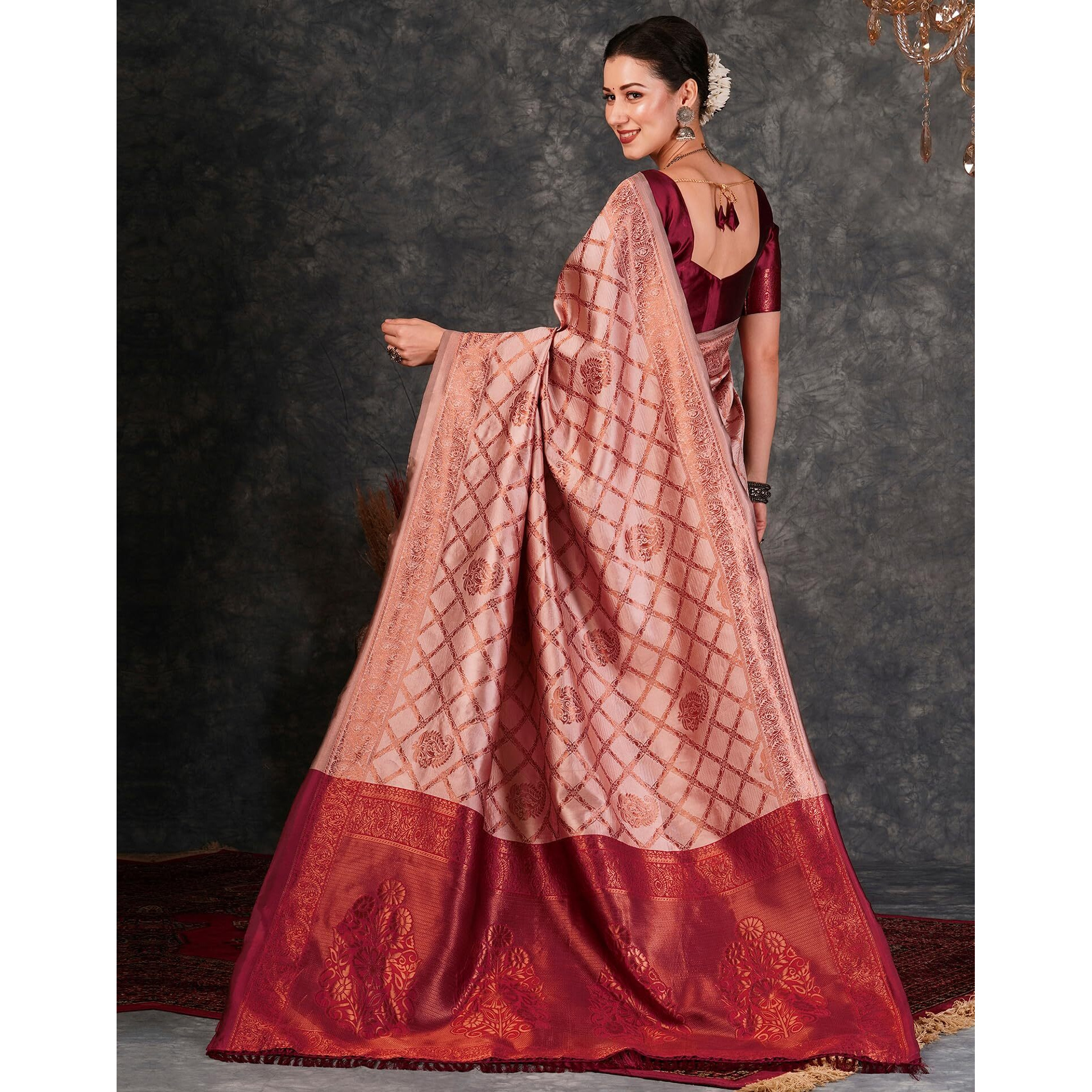 SIRIL Womens Banarasi Jacquard Soft Silk Kanjeevaram Saree With Unstitched Blouse Piece (3759S136A_Light Pink)