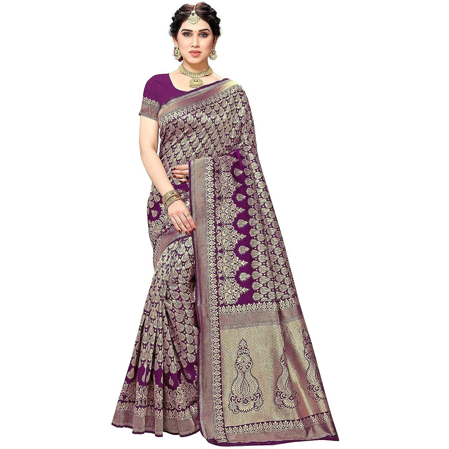 Yashika Womens Trendy Banarasi Kanjivaram Purple Color Art Silk Saree with Blouse Material (MALIYA PURPLE)