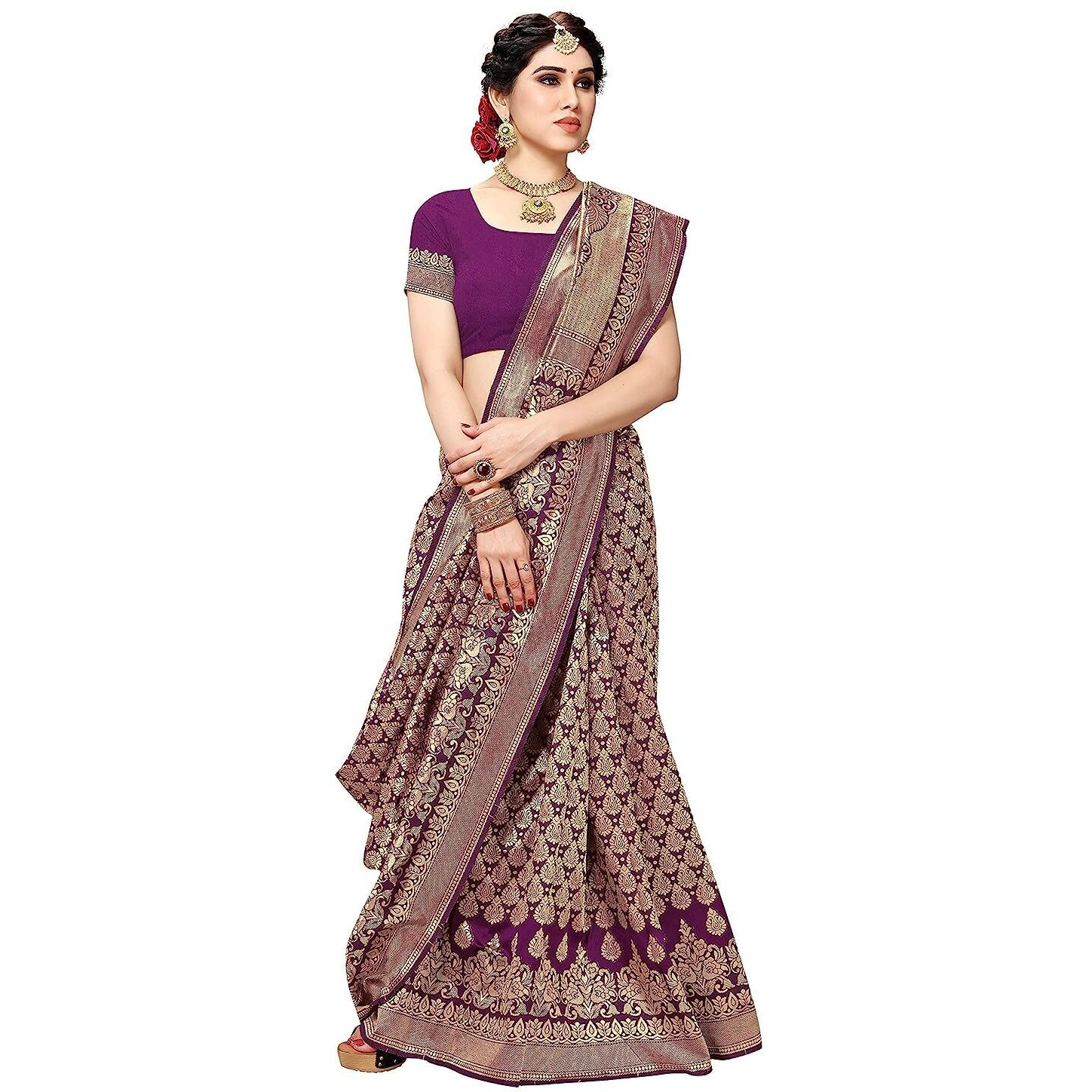 Yashika Womens Trendy Banarasi Kanjivaram Purple Color Art Silk Saree with Blouse Material (MALIYA PURPLE)