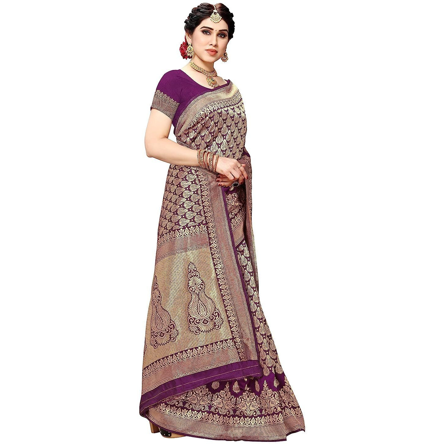 Yashika Womens Trendy Banarasi Kanjivaram Purple Color Art Silk Saree with Blouse Material (MALIYA PURPLE)