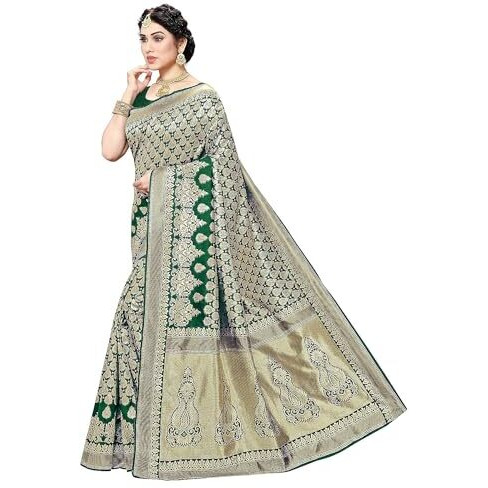Yashika Womens Trendy Banarasi Kanjivaram Green Color Art Silk Saree with Blouse Material (MALIYA GREEN)