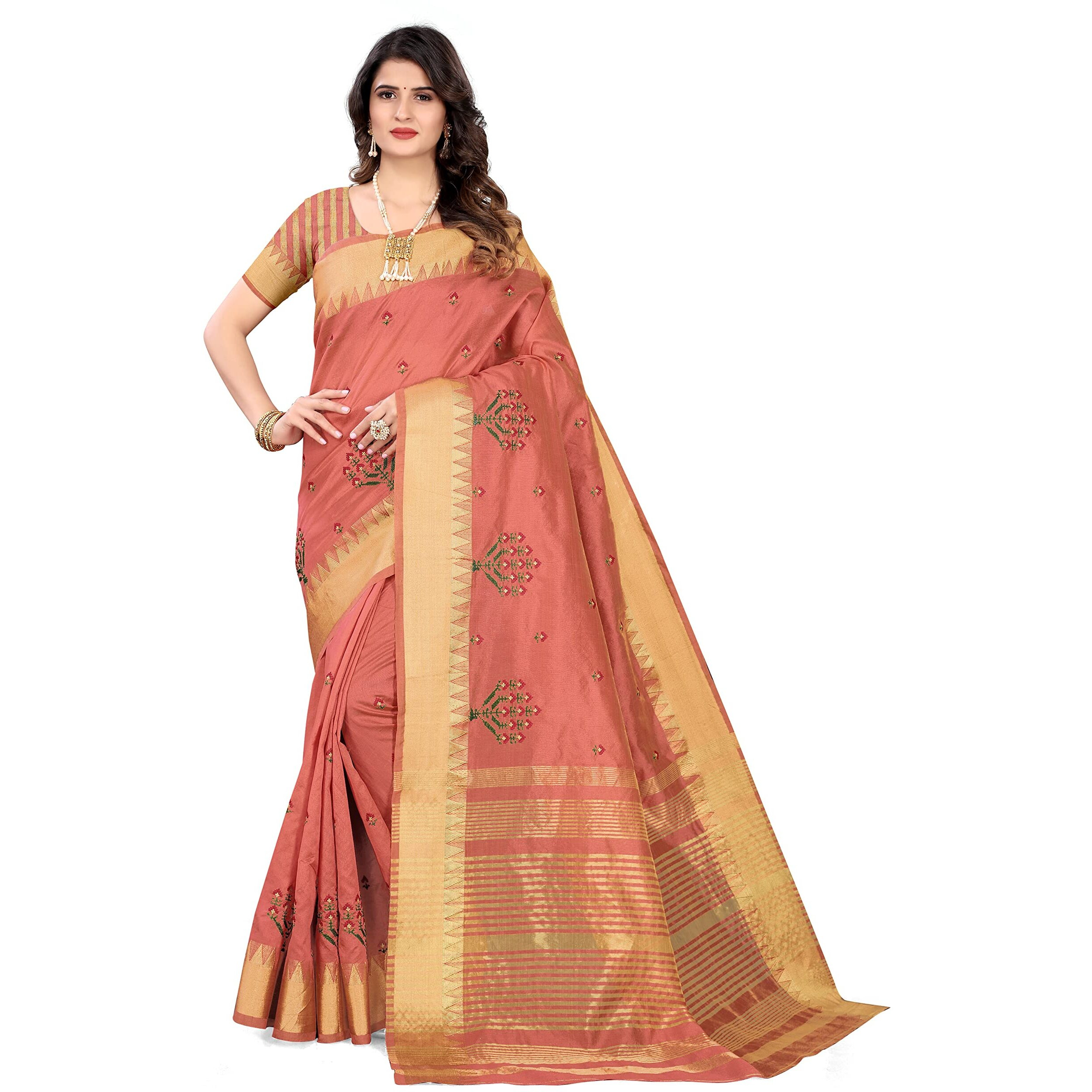 SERONA FABRICS Womens Assam Cotton Silk With Golden Border Thread Embroidery Saree With Blouse Piece