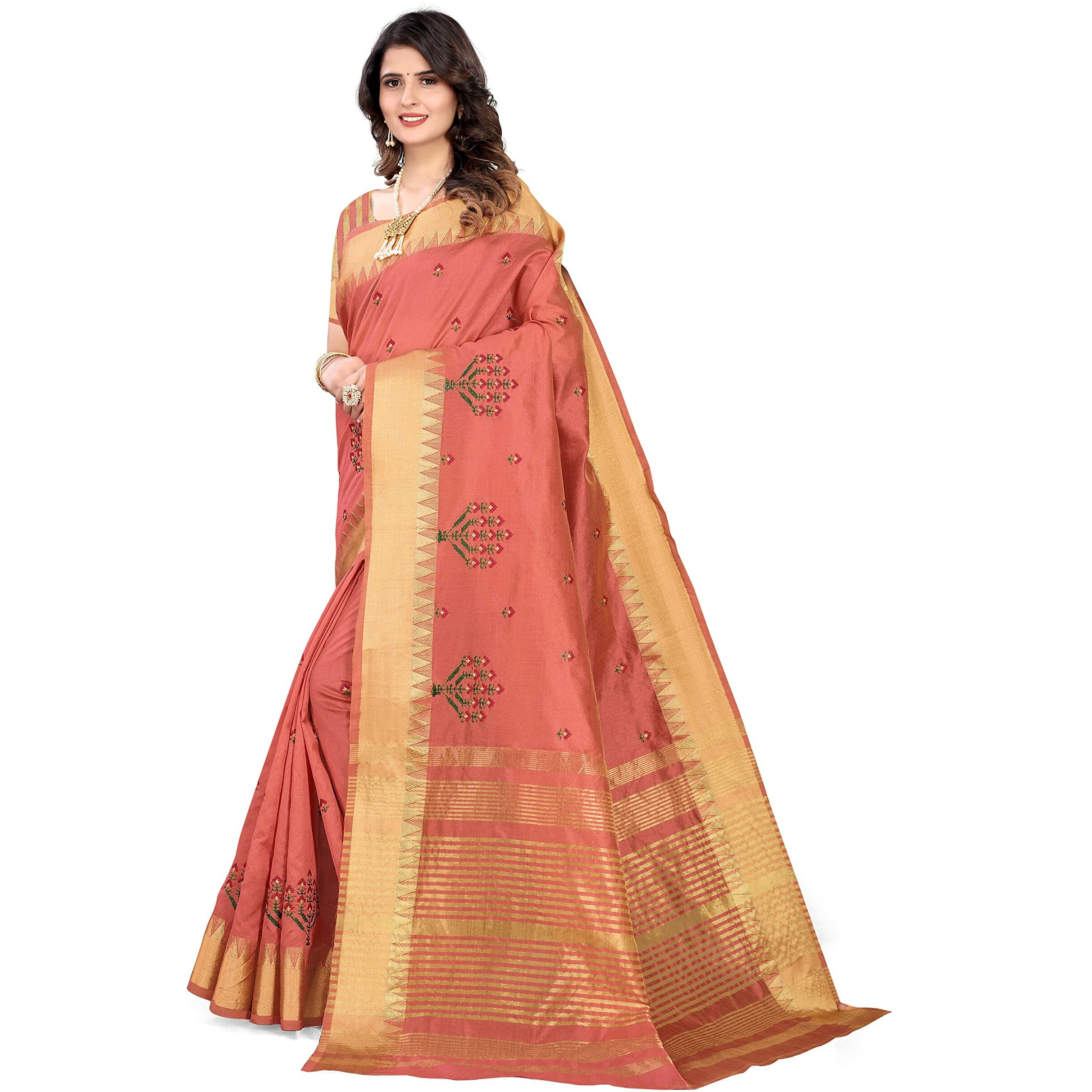 SERONA FABRICS Womens Assam Cotton Silk With Golden Border Thread Embroidery Saree With Blouse Piece