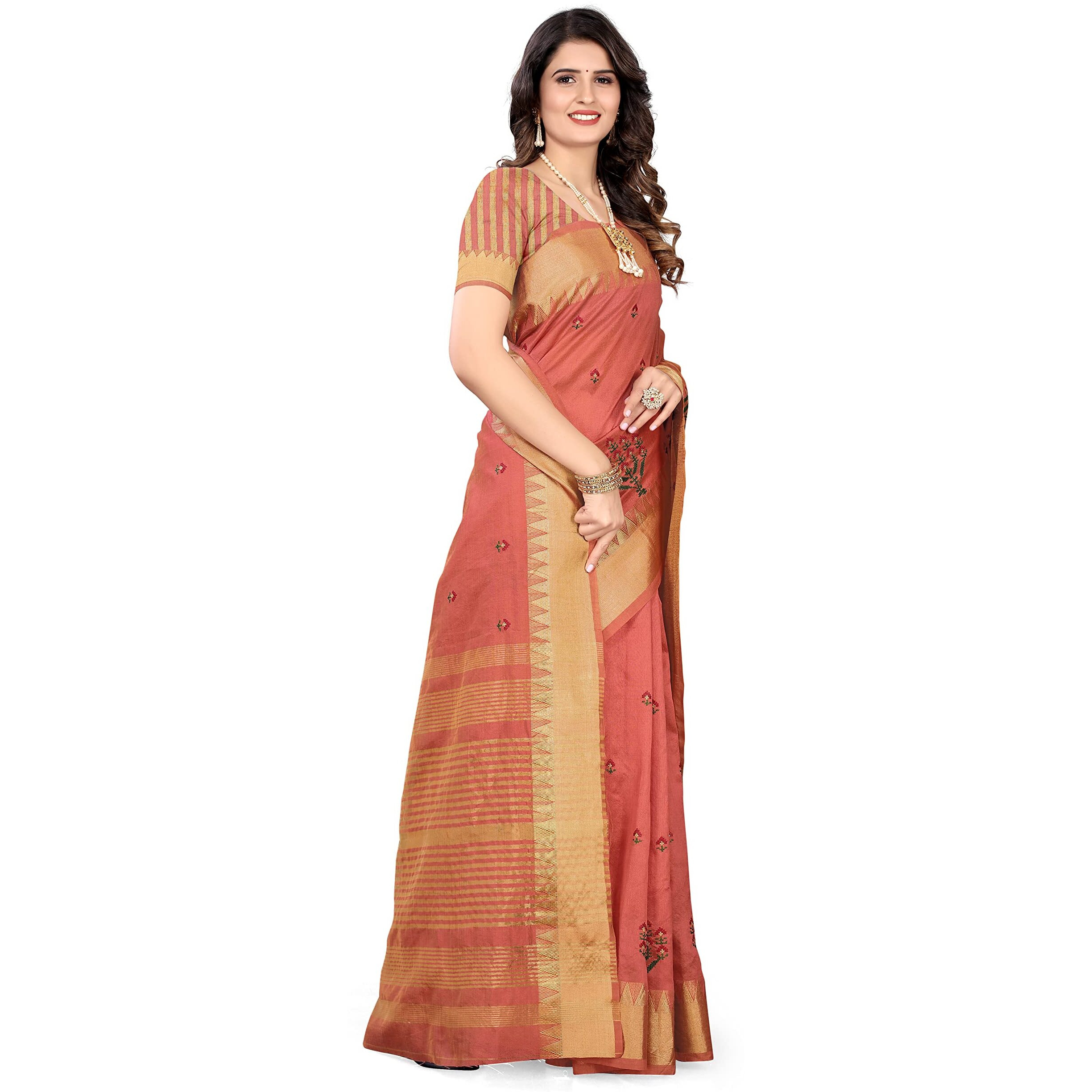 SERONA FABRICS Womens Assam Cotton Silk With Golden Border Thread Embroidery Saree With Blouse Piece