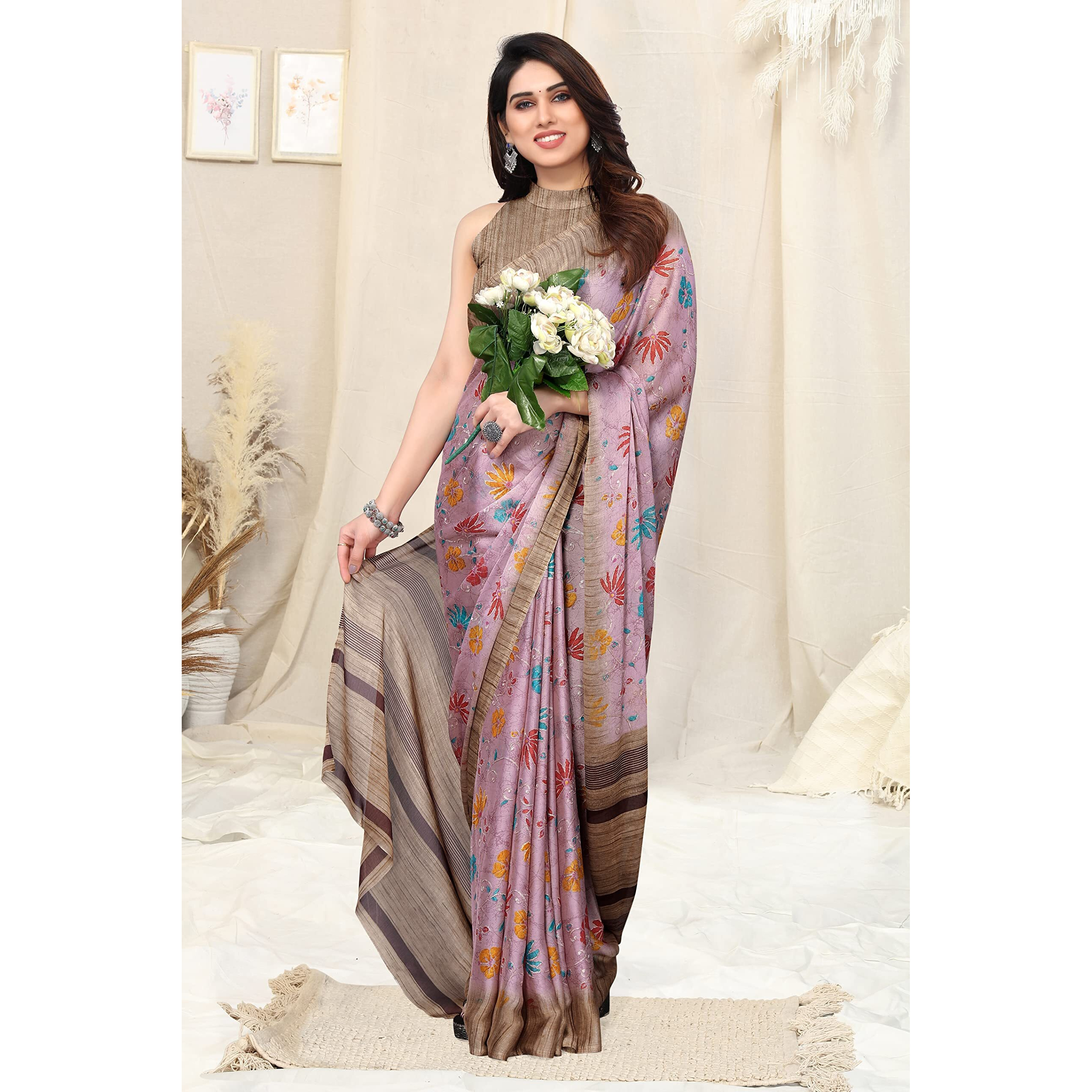 MIRCHI FASHION Womens Plain Weave Chiffon Floral Printed Saree with Blouse Piece (38126-Light Pink, Multi Color)
