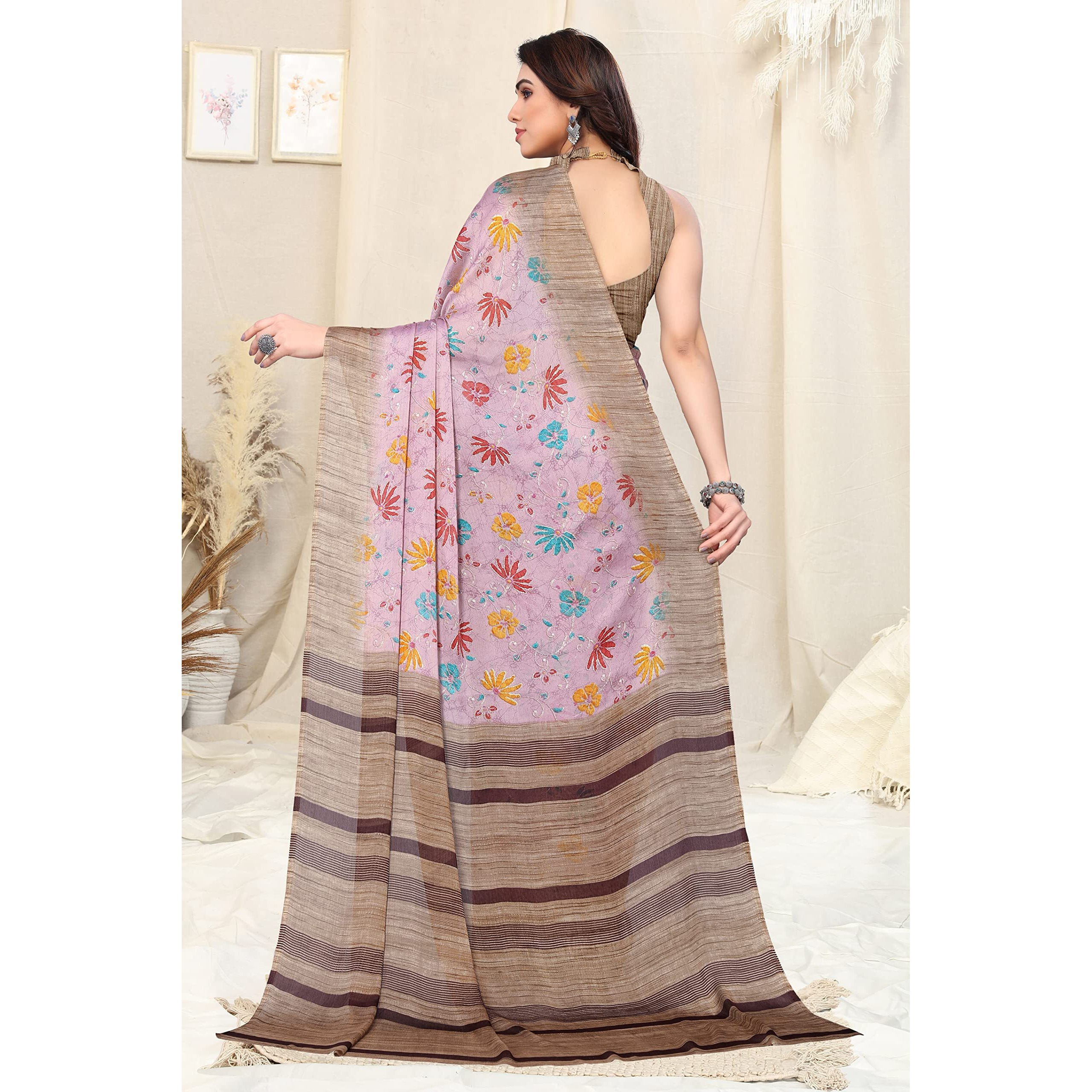 MIRCHI FASHION Womens Plain Weave Chiffon Floral Printed Saree with Blouse Piece (38126-Light Pink, Multi Color)
