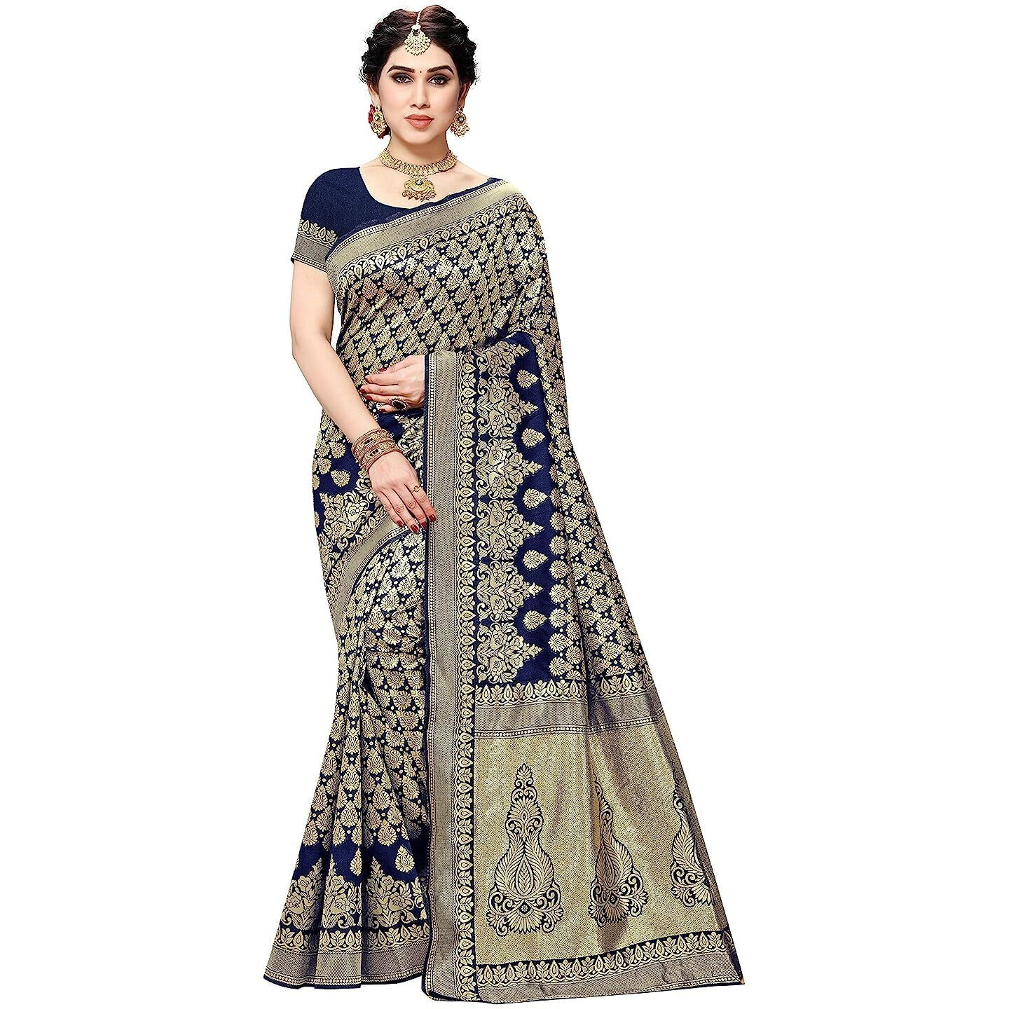 Yashika Womens Trendy Banarasi Kanjivaram Navy Color Art Silk Saree with Blouse Material (MALIYA NAVY)