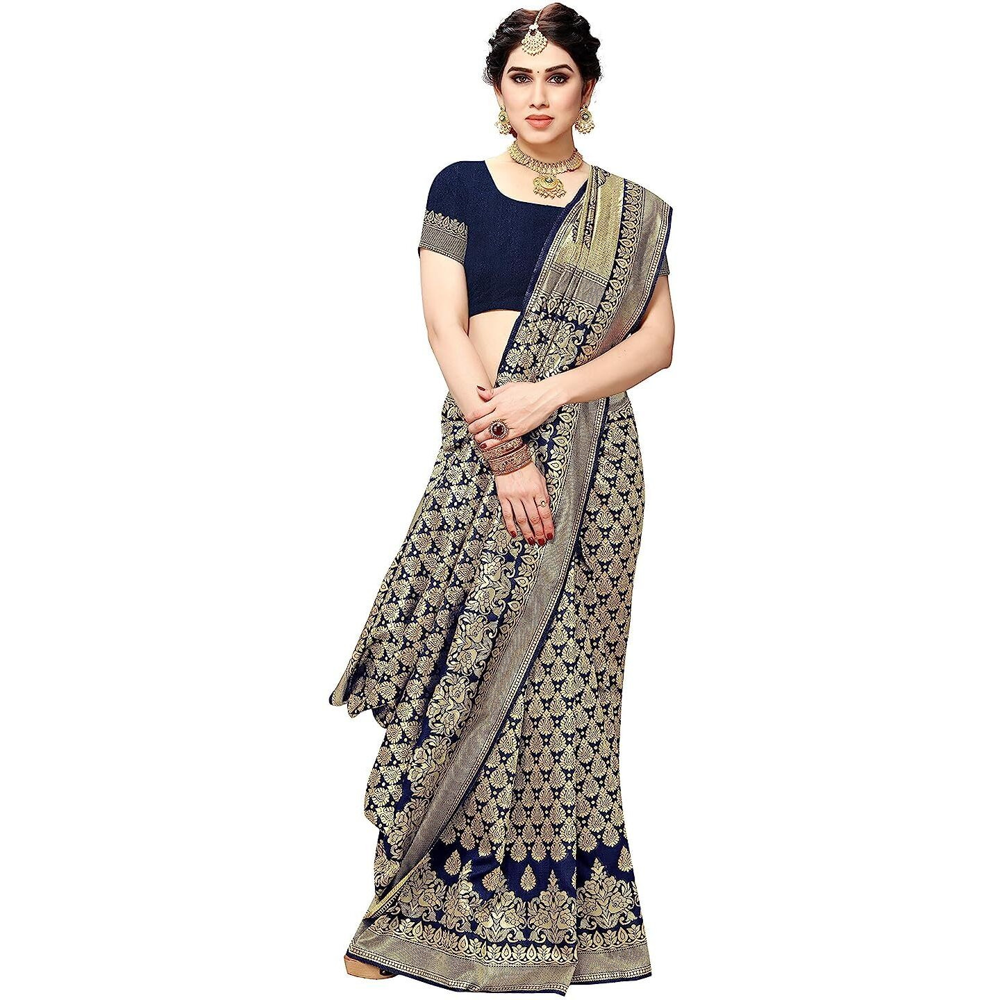 Yashika Womens Trendy Banarasi Kanjivaram Navy Color Art Silk Saree with Blouse Material (MALIYA NAVY)