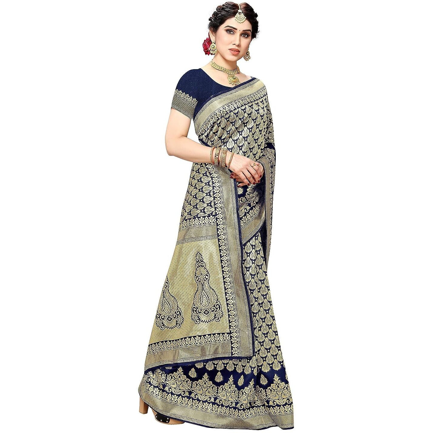 Yashika Womens Trendy Banarasi Kanjivaram Navy Color Art Silk Saree with Blouse Material (MALIYA NAVY)