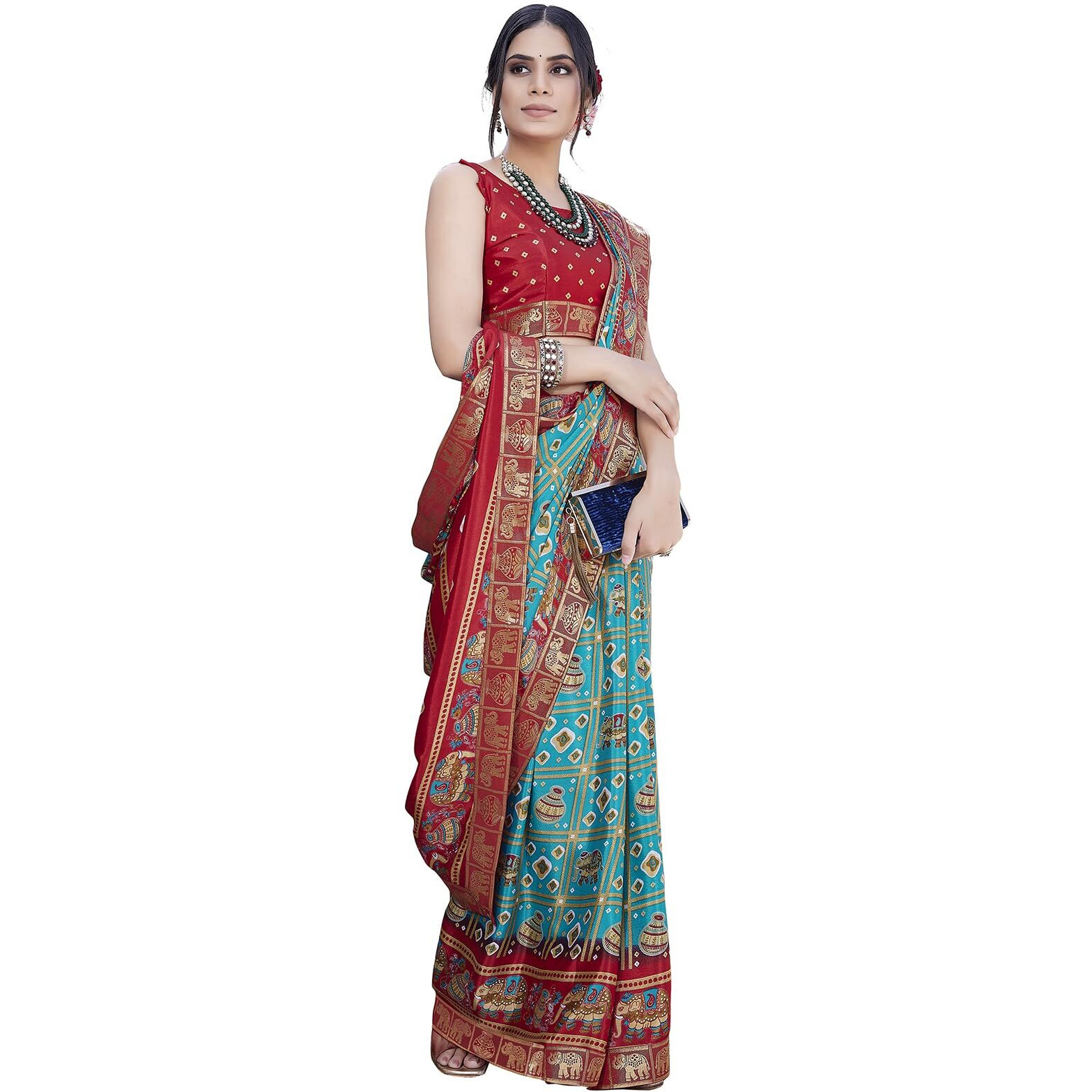 Yashika Womens Magludi Silk Saree Printed Saree With Unstitched Blouse Material - Suitable For All Indian Occasions and Festivals (AZ-YS-OG-RASIYA RAMA RED)