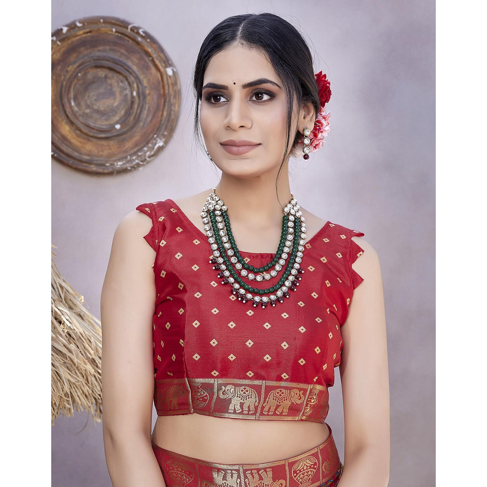 Yashika Womens Magludi Silk Saree Printed Saree With Unstitched Blouse Material - Suitable For All Indian Occasions and Festivals (AZ-YS-OG-RASIYA RAMA RED)