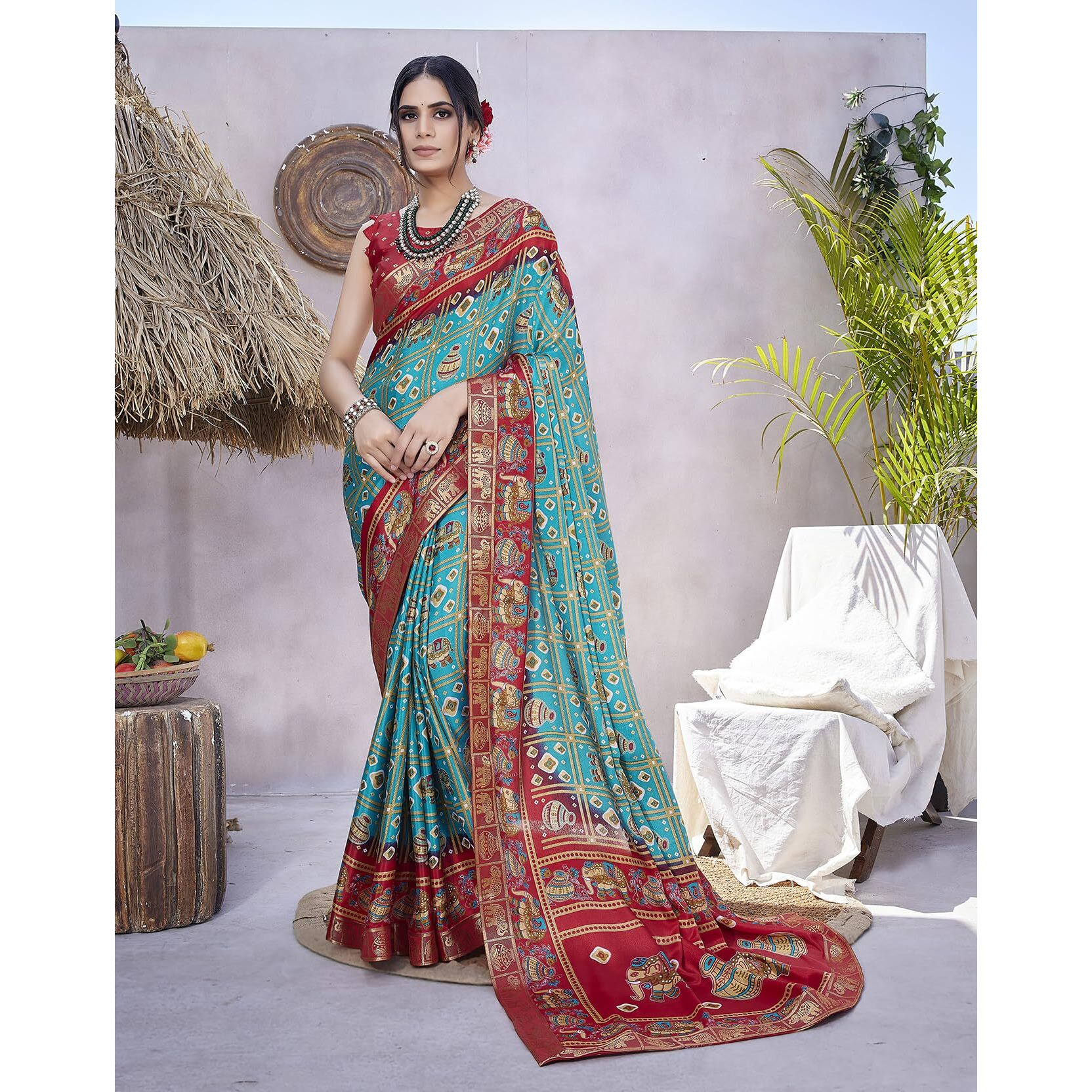 Yashika Womens Magludi Silk Saree Printed Saree With Unstitched Blouse Material - Suitable For All Indian Occasions and Festivals (AZ-YS-OG-RASIYA RAMA RED)