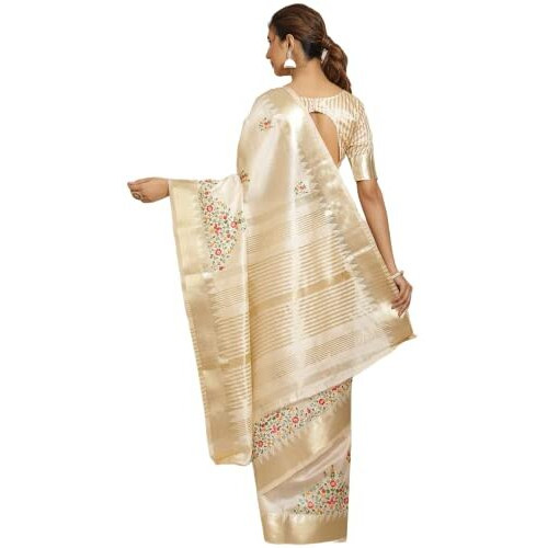 arriva fab Womens Kasavu Cotton Blend Saree With Blouse Piece (Riva1698__White)