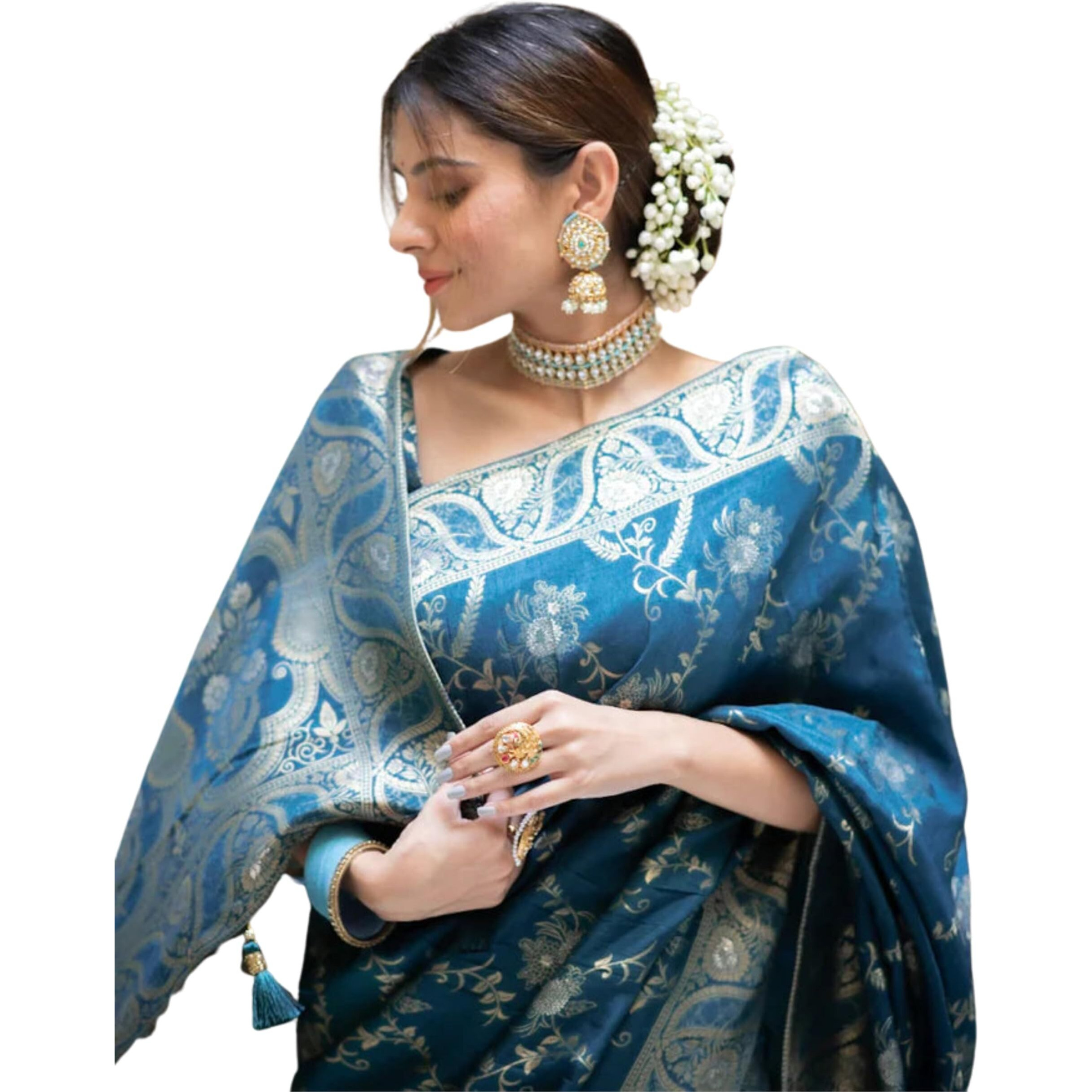 C J Enterprise Womens Banarasi Saree Pure Kanjivaram Silk Saree Soft Design Wear Pattu Sarees Latest Cotton With Blouse Piece Kanchipuram for Wedding sadi new ladies 2023(AlmariFlowrjaal) (Firozi)