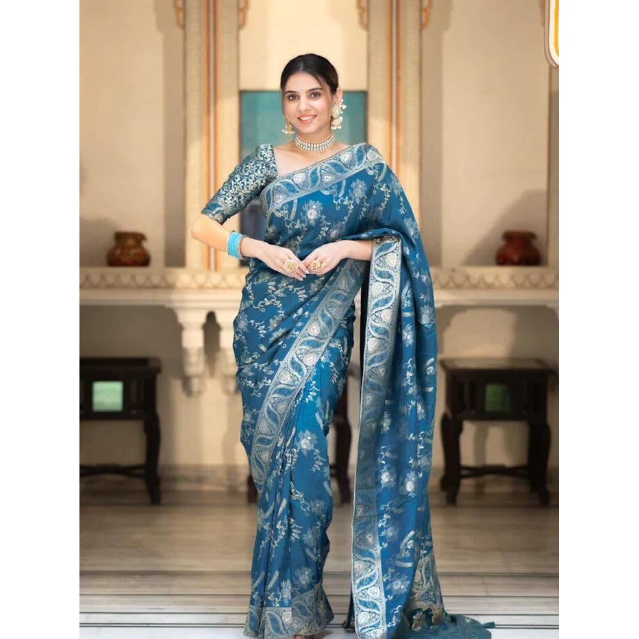 C J Enterprise Womens Banarasi Saree Pure Kanjivaram Silk Saree Soft Design Wear Pattu Sarees Latest Cotton With Blouse Piece Kanchipuram for Wedding sadi new ladies 2023(AlmariFlowrjaal) (Firozi)
