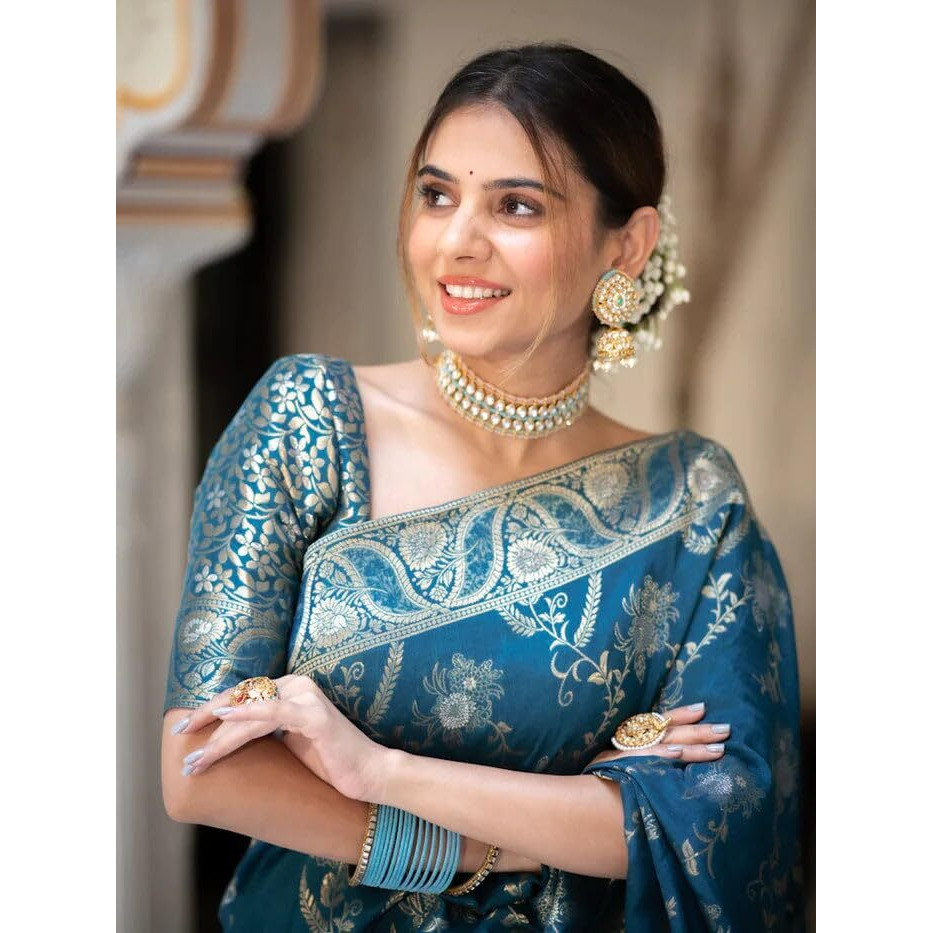 C J Enterprise Womens Banarasi Saree Pure Kanjivaram Silk Saree Soft Design Wear Pattu Sarees Latest Cotton With Blouse Piece Kanchipuram for Wedding sadi new ladies 2023(AlmariFlowrjaal) (Firozi)