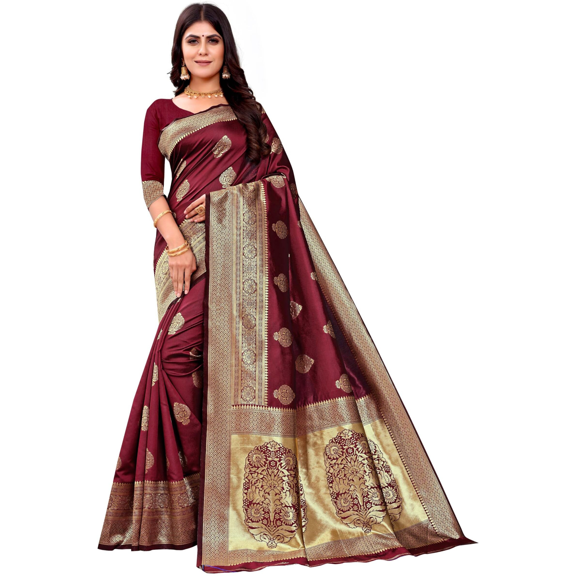 Sugathari Womens Banarasi Saree Pure Kanjivaram Silk Saree Soft new ladies 2023 Design Wear Pattu Sarees Latest Cotton Party Sari collections With Blouse Piece for Wedding sadi (PARI 122 MAROON)