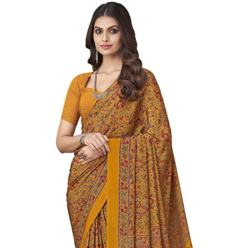 SIRIL Womens Floral Printed Silk Crepe Saree with Unstitched Blouse Piece(2858S2462_Mustard Yellow)