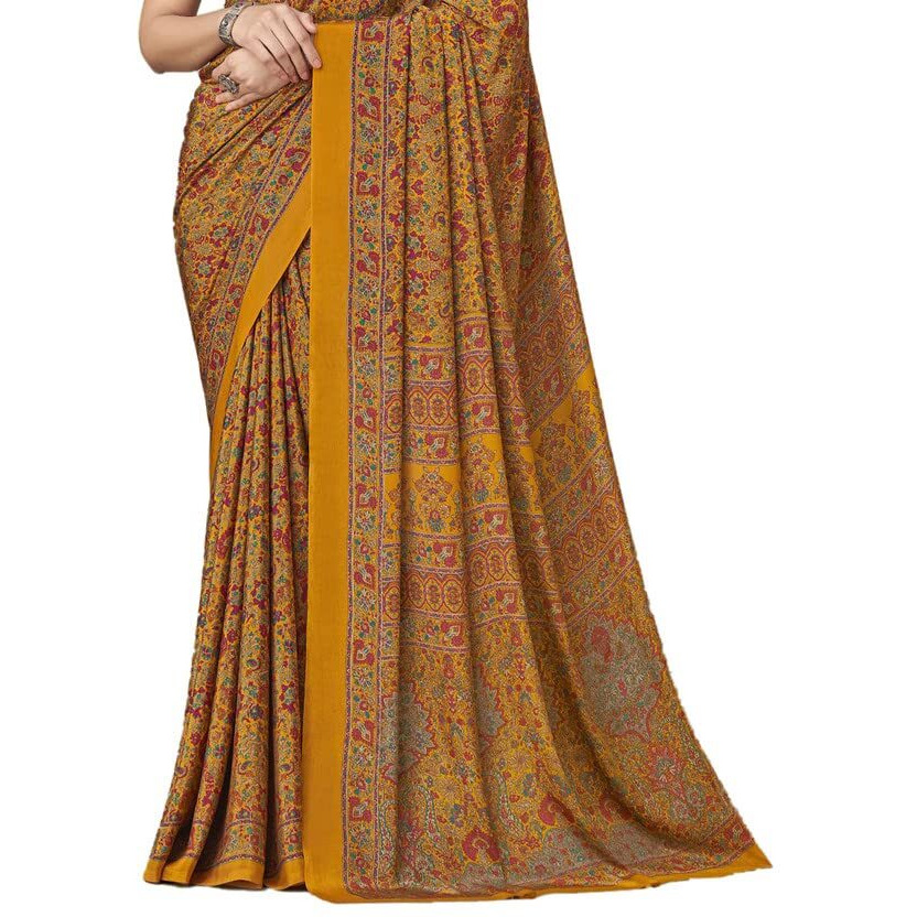 SIRIL Womens Floral Printed Silk Crepe Saree with Unstitched Blouse Piece(2858S2462_Mustard Yellow)