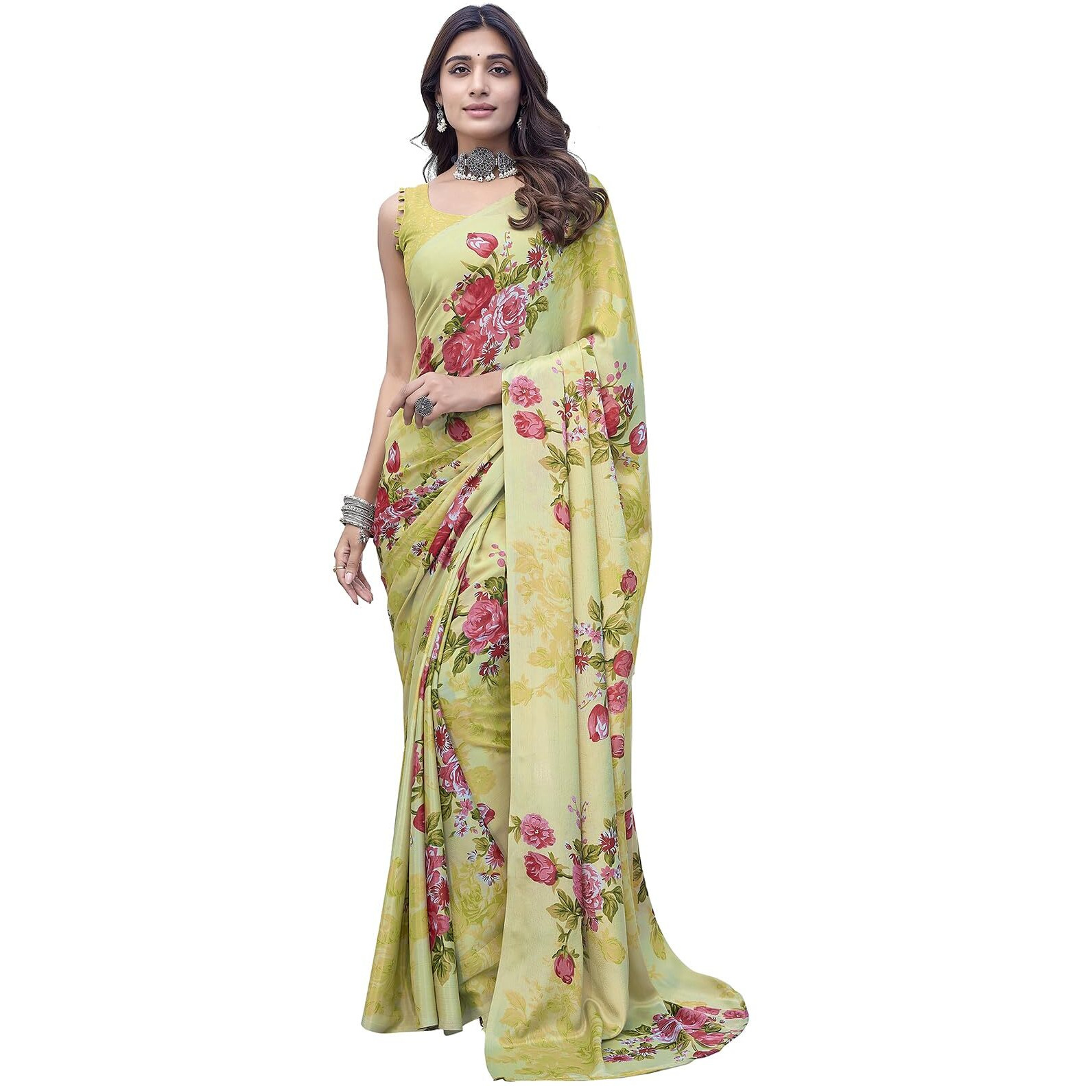 Yashika Womens Elegant Chiffon Saree Set with Blouse Piece - Elevate Your Style with This Trendy Ensemble (AZ-YS-P1-DIPTI PISTA)