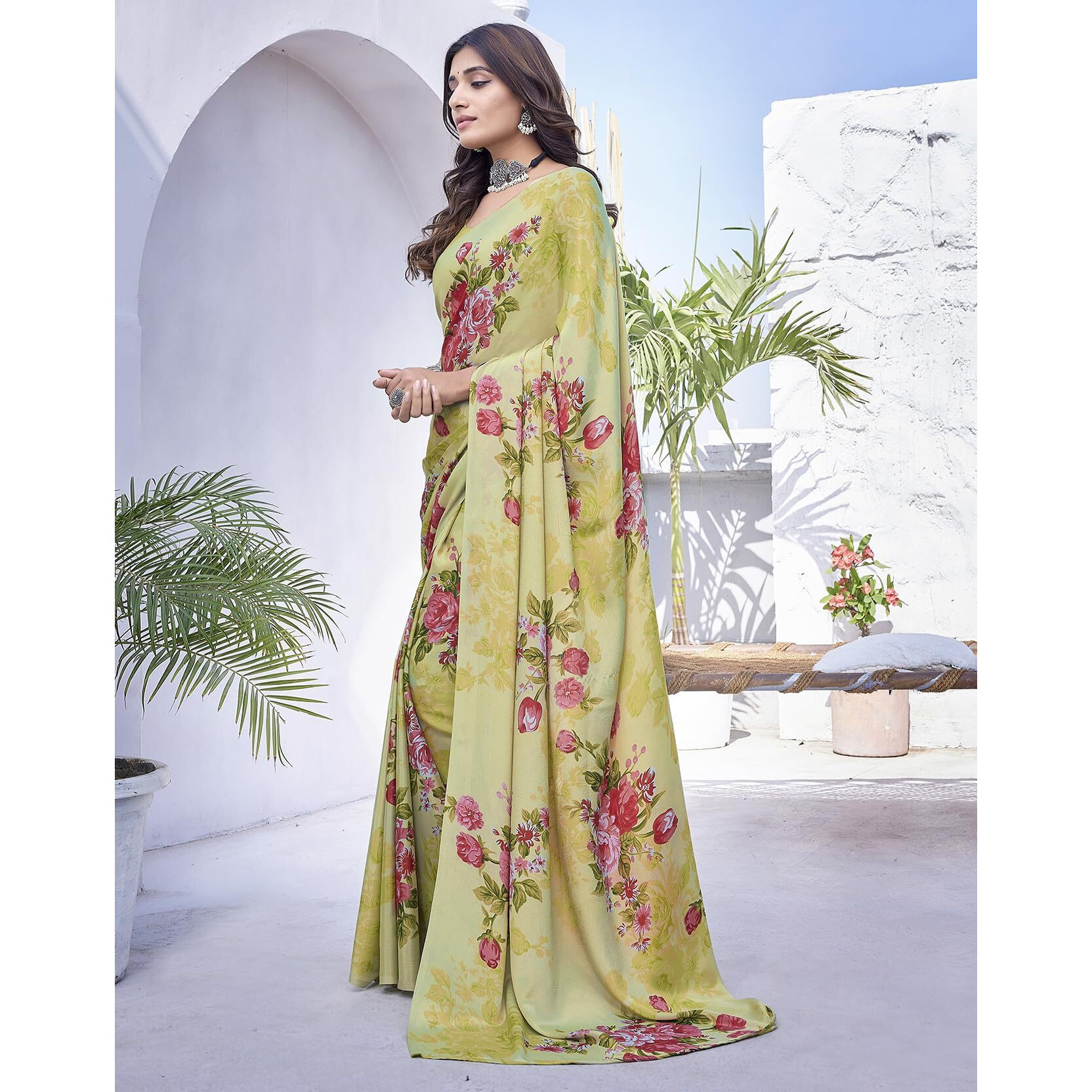 Yashika Womens Elegant Chiffon Saree Set with Blouse Piece - Elevate Your Style with This Trendy Ensemble (AZ-YS-P1-DIPTI PISTA)
