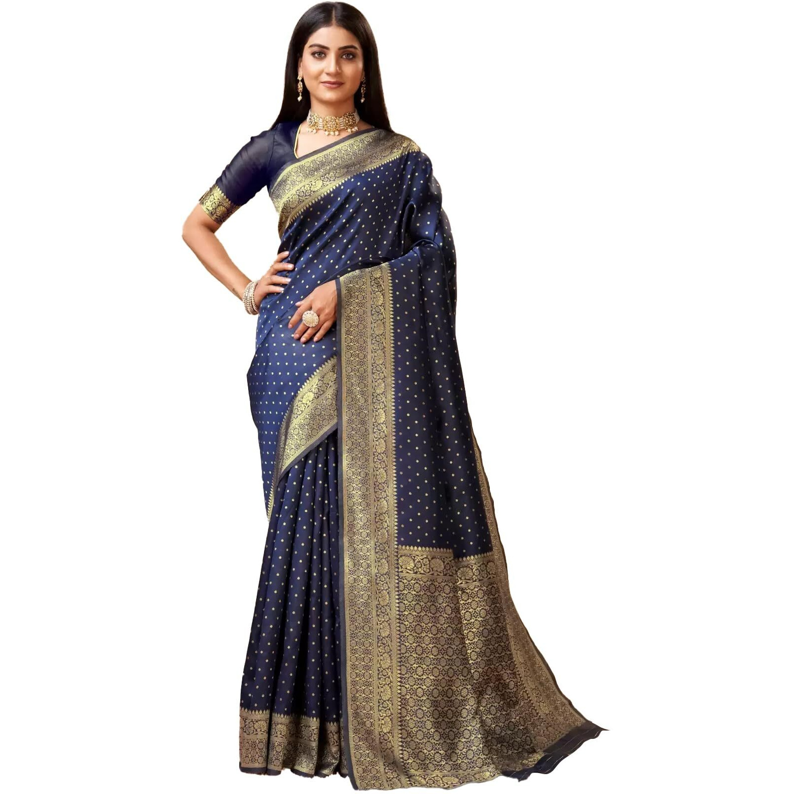 Sugathari Womens Banarasi Saree Pure Kanjivaram Silk Saree Soft new ladies 2023 Design Wear Sarees Latest Cotton Party Sari collections With Blouse Piece for Wedding sadi (SAM PARI-113 NAVY BLUE)