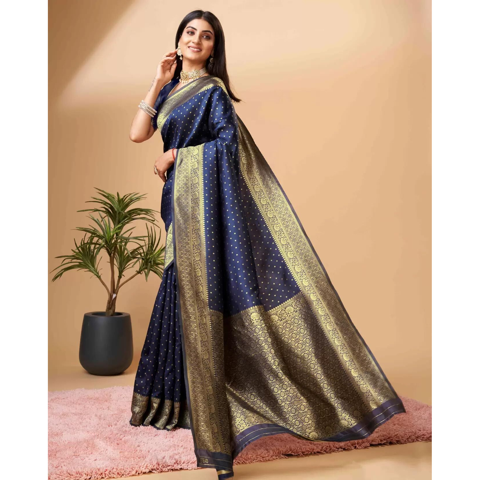 Sugathari Womens Banarasi Saree Pure Kanjivaram Silk Saree Soft new ladies 2023 Design Wear Sarees Latest Cotton Party Sari collections With Blouse Piece for Wedding sadi (SAM PARI-113 NAVY BLUE)
