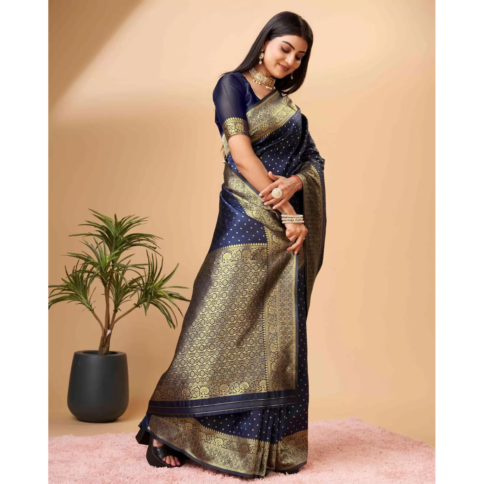 Sugathari Womens Banarasi Saree Pure Kanjivaram Silk Saree Soft new ladies 2023 Design Wear Sarees Latest Cotton Party Sari collections With Blouse Piece for Wedding sadi (SAM PARI-113 NAVY BLUE)
