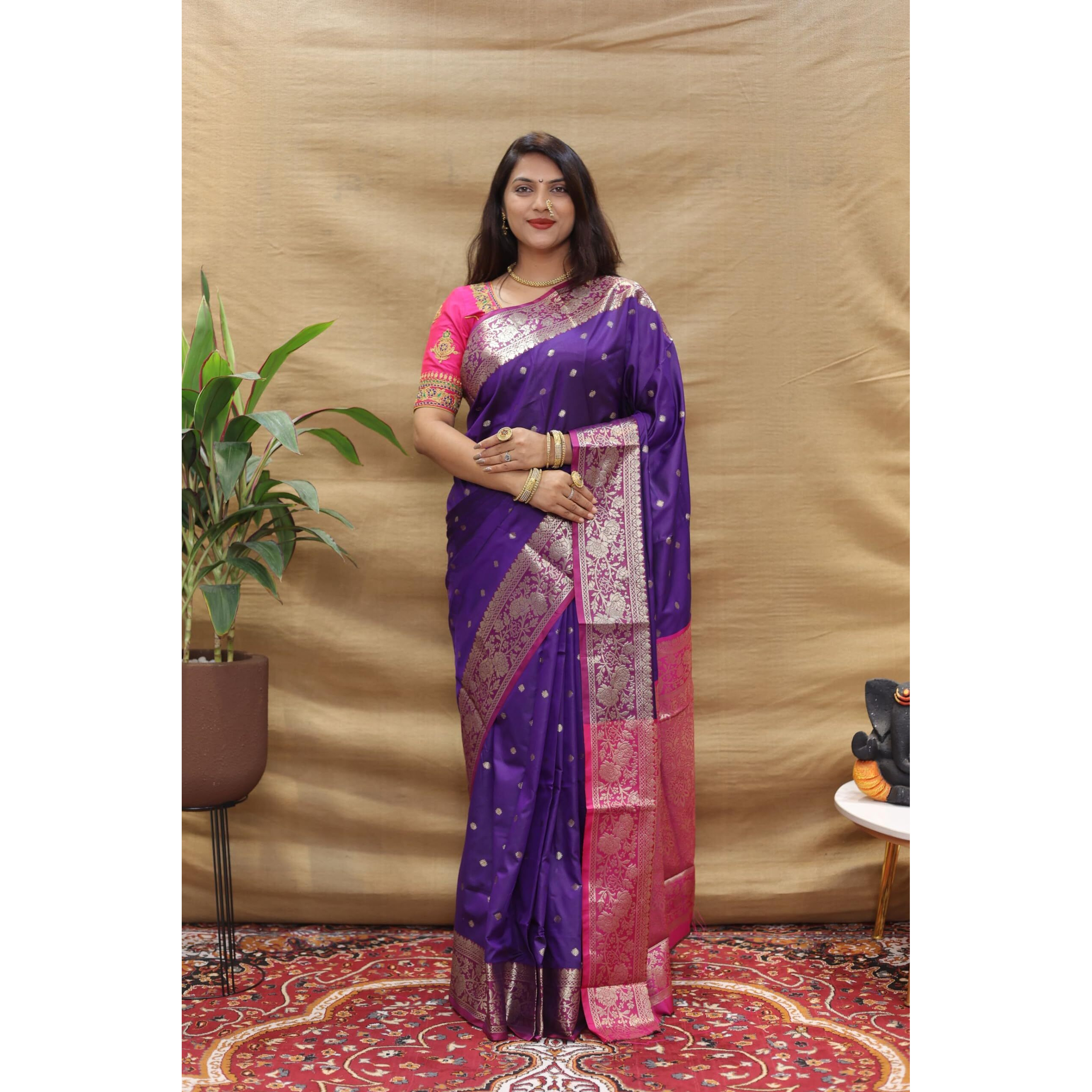 AMIRAT Womens Banarasi Saree Soft new ladies 2024 Design Wear Pattu Sarees Latest Cotton Party Sari collections With Blouse Piece for Wedding sadi (Purple)