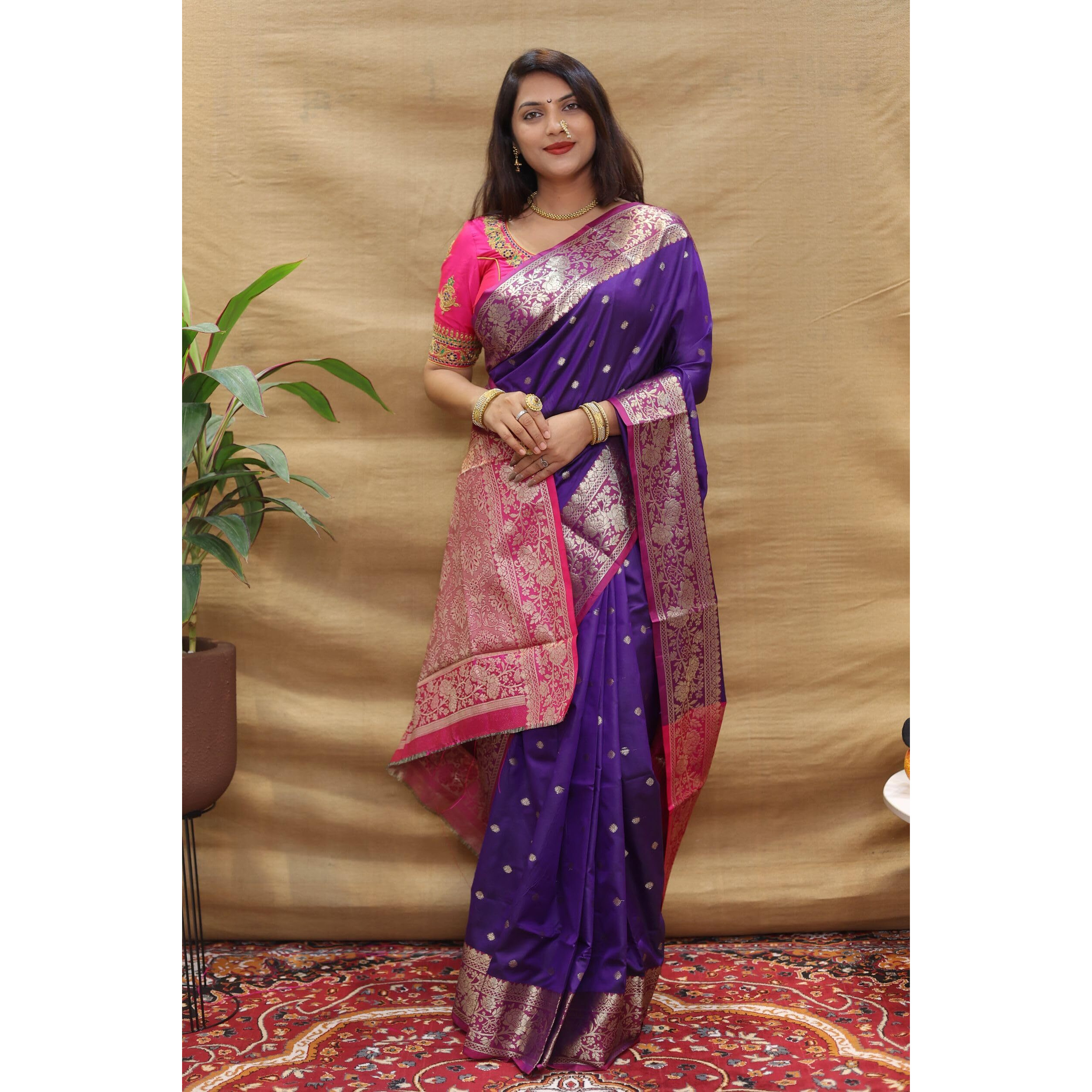 AMIRAT Womens Banarasi Saree Soft new ladies 2024 Design Wear Pattu Sarees Latest Cotton Party Sari collections With Blouse Piece for Wedding sadi (Purple)