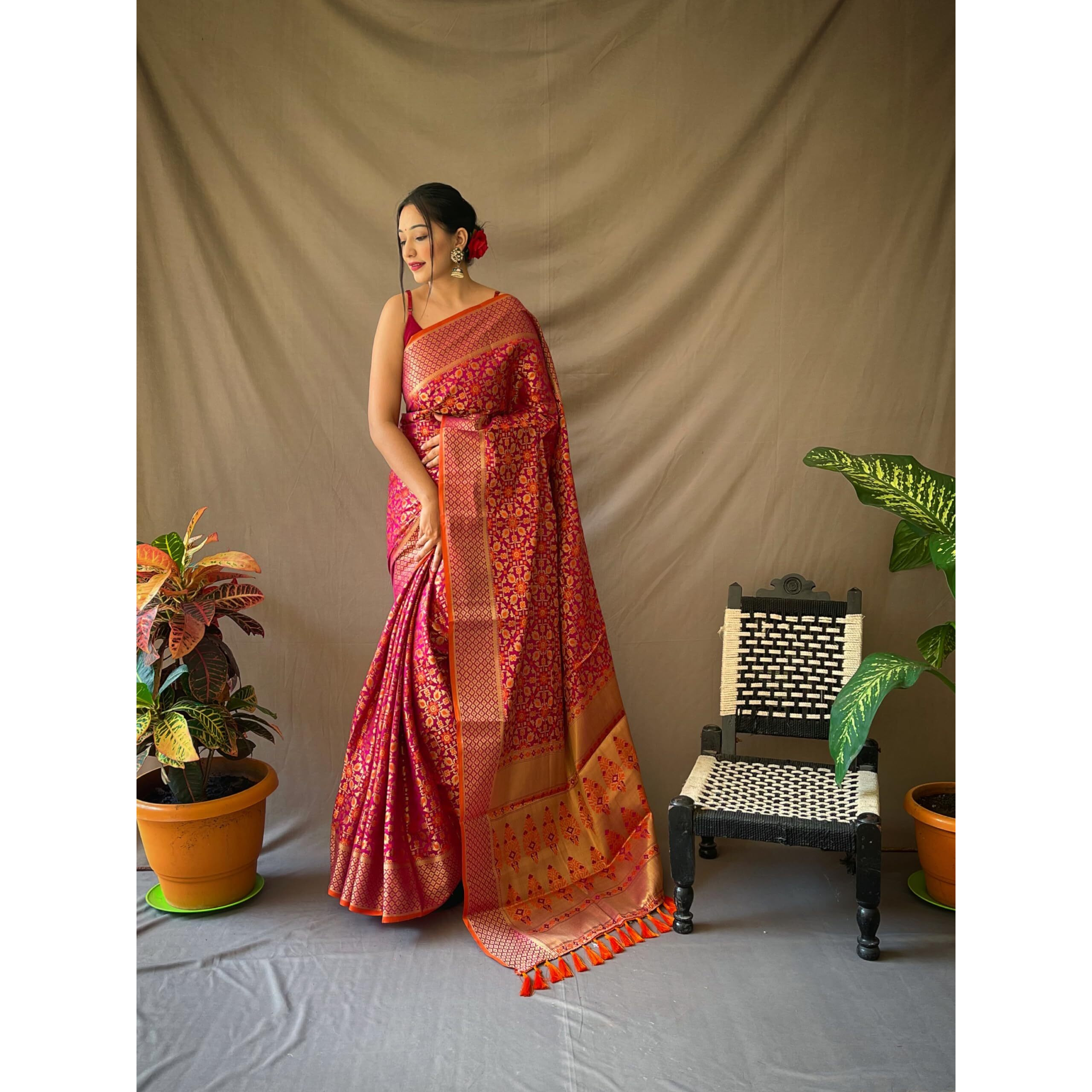 SGF11 Womens Kanjivaram patola Soft Lichi Silk Sarees With Unstitched Blouse Piece (Wine/Orange)