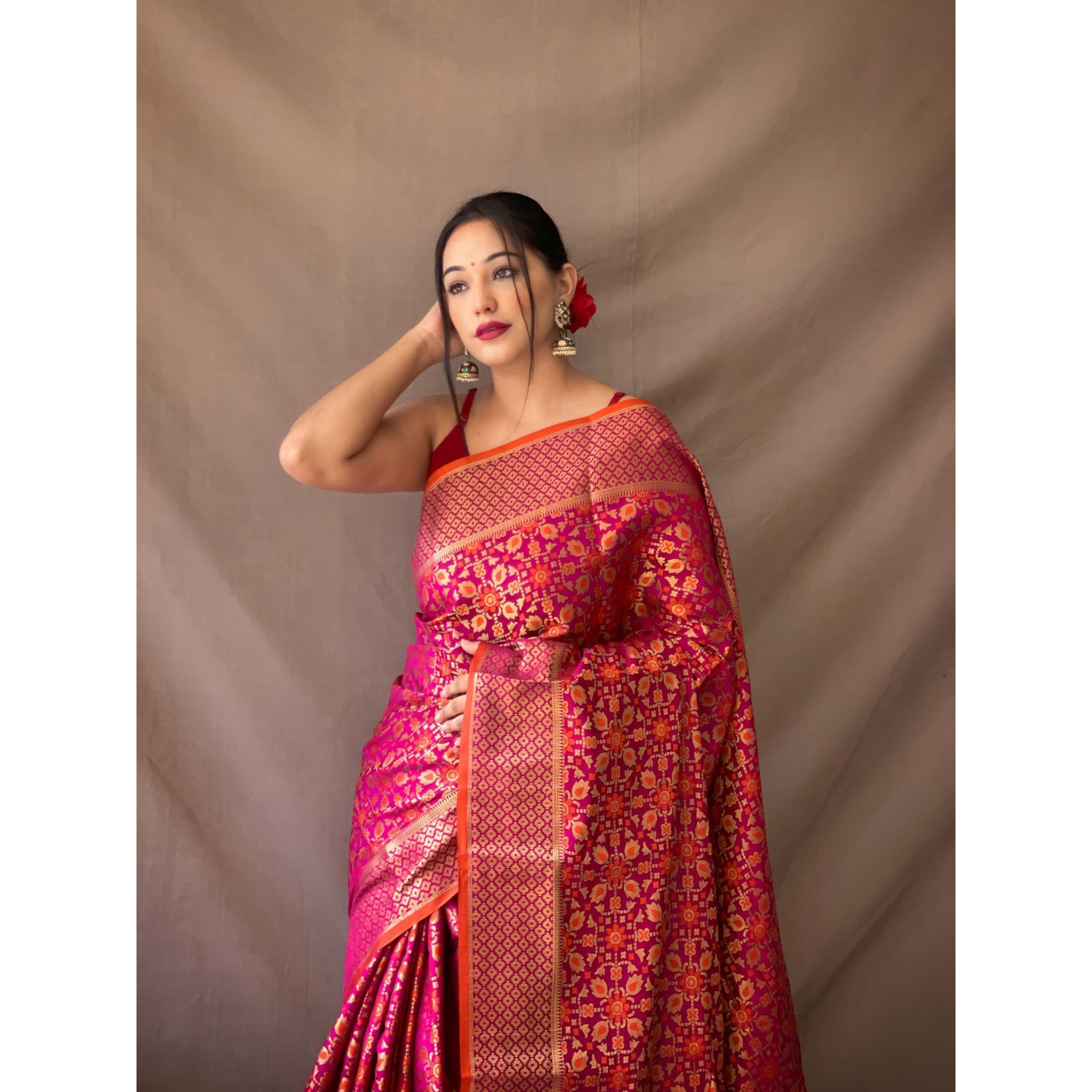 SGF11 Womens Kanjivaram patola Soft Lichi Silk Sarees With Unstitched Blouse Piece (Wine/Orange)