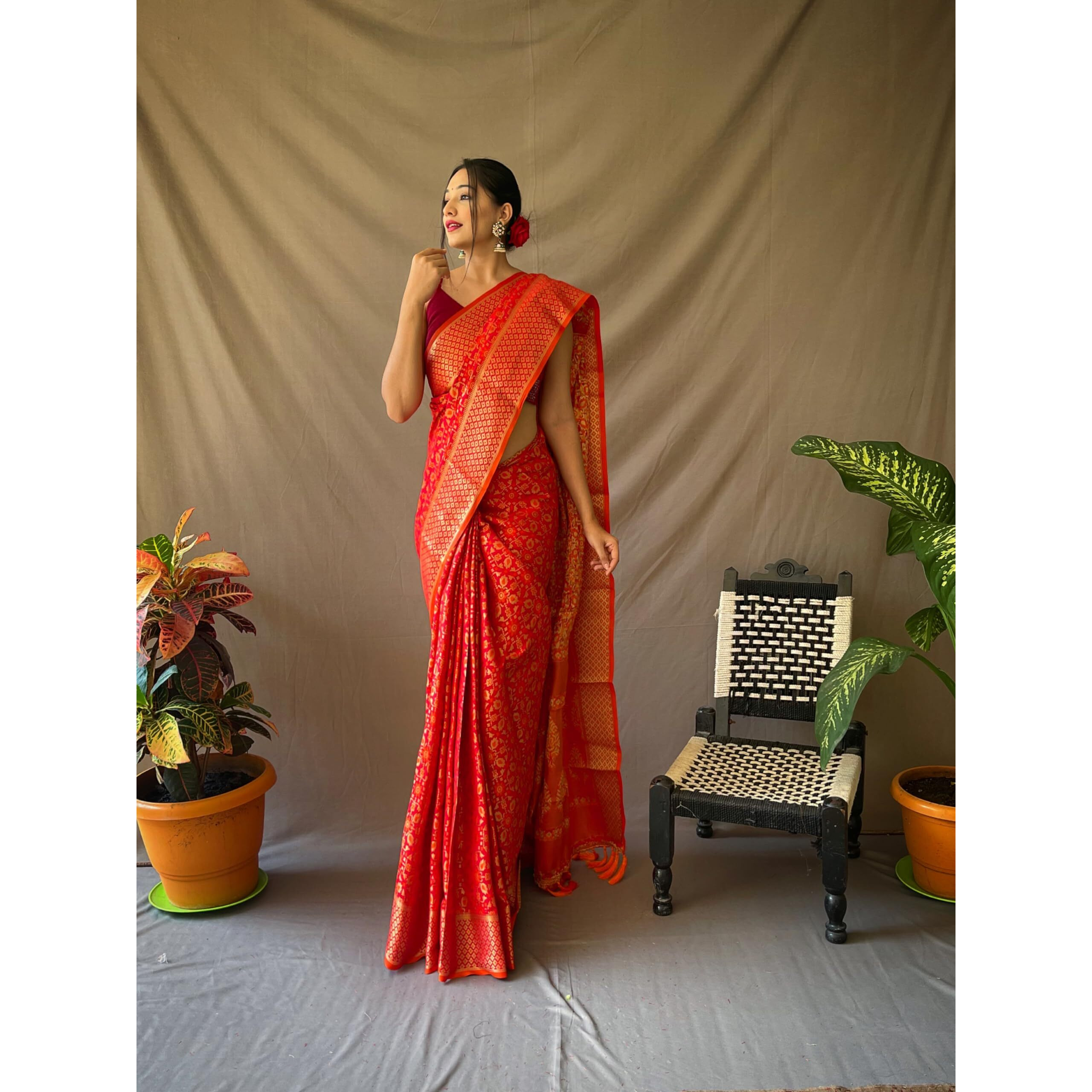 SGF11 Womens Kanjivaram patola Soft Lichi Silk Sarees With Unstitched Blouse Piece (Red/Orange)