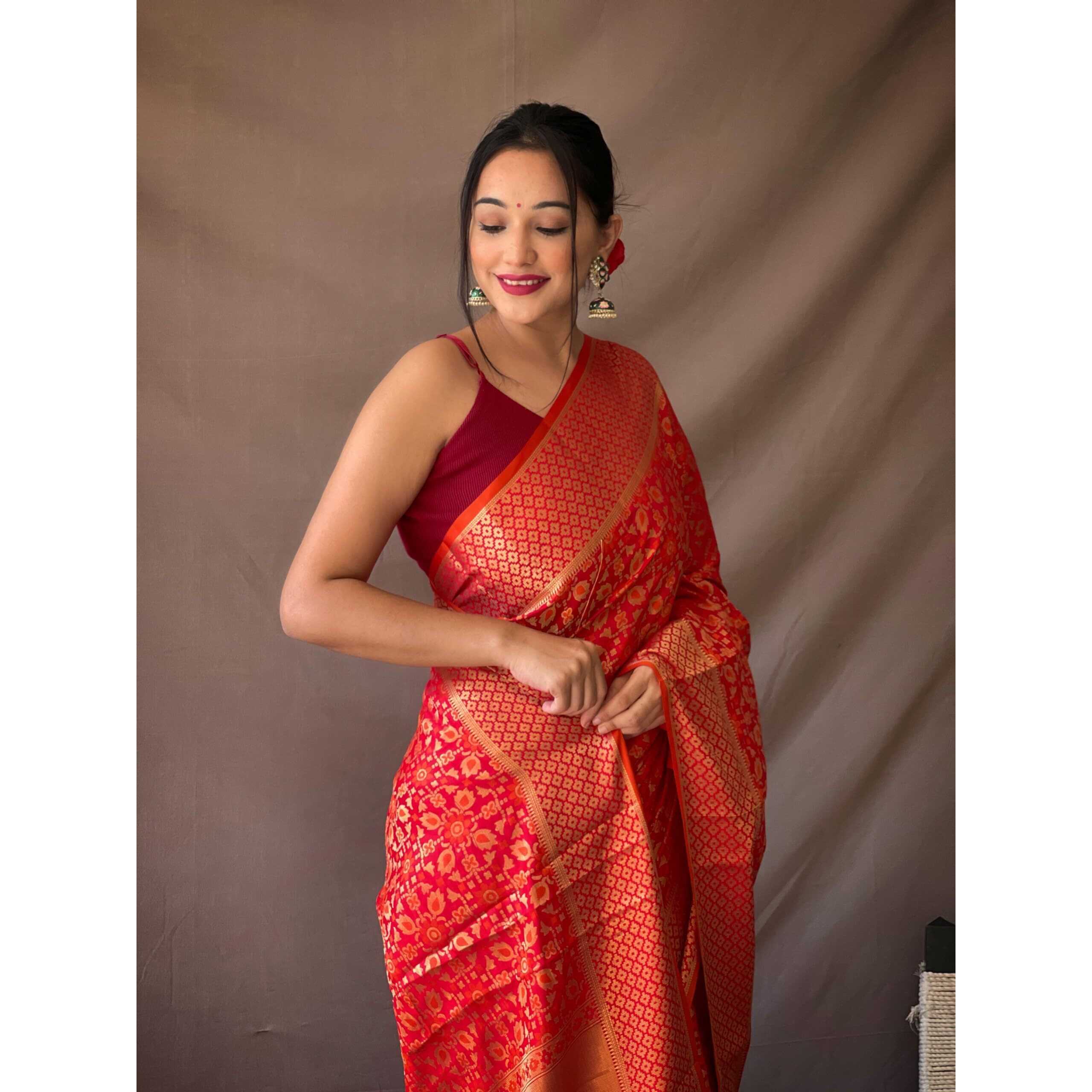 SGF11 Womens Kanjivaram patola Soft Lichi Silk Sarees With Unstitched Blouse Piece (Red/Orange)
