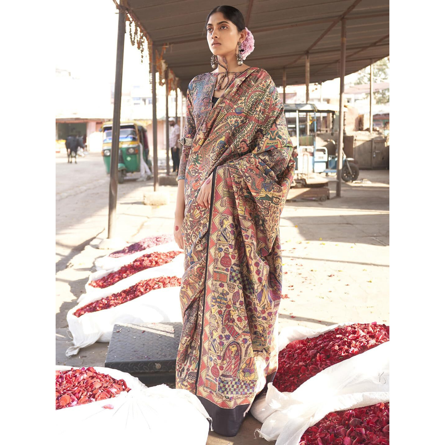 SAREE MALL Womens Banarasi Silk Madhubani Printed Saree With Unstitched Blouse Piece(Beige_PUSHPMNDI104_RS)