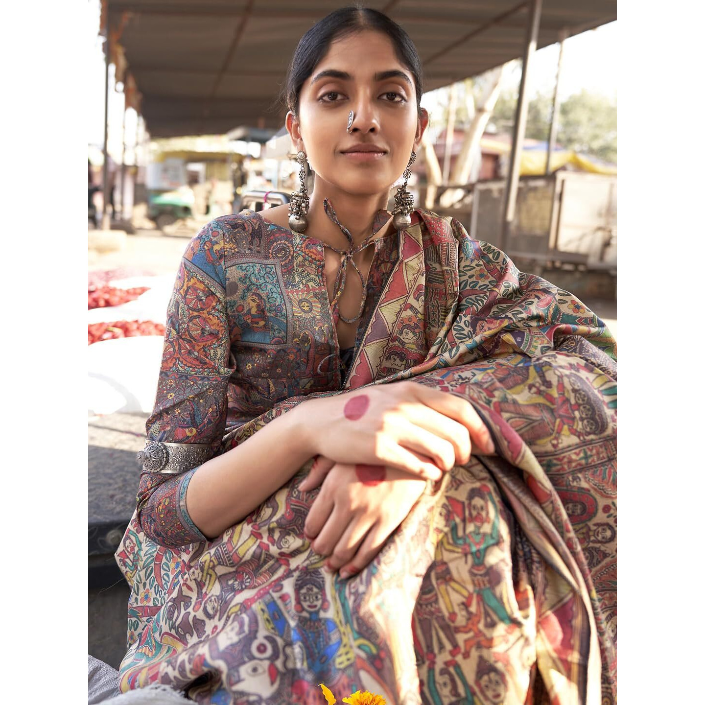 SAREE MALL Womens Banarasi Silk Madhubani Printed Saree With Unstitched Blouse Piece(Beige_PUSHPMNDI104_RS)