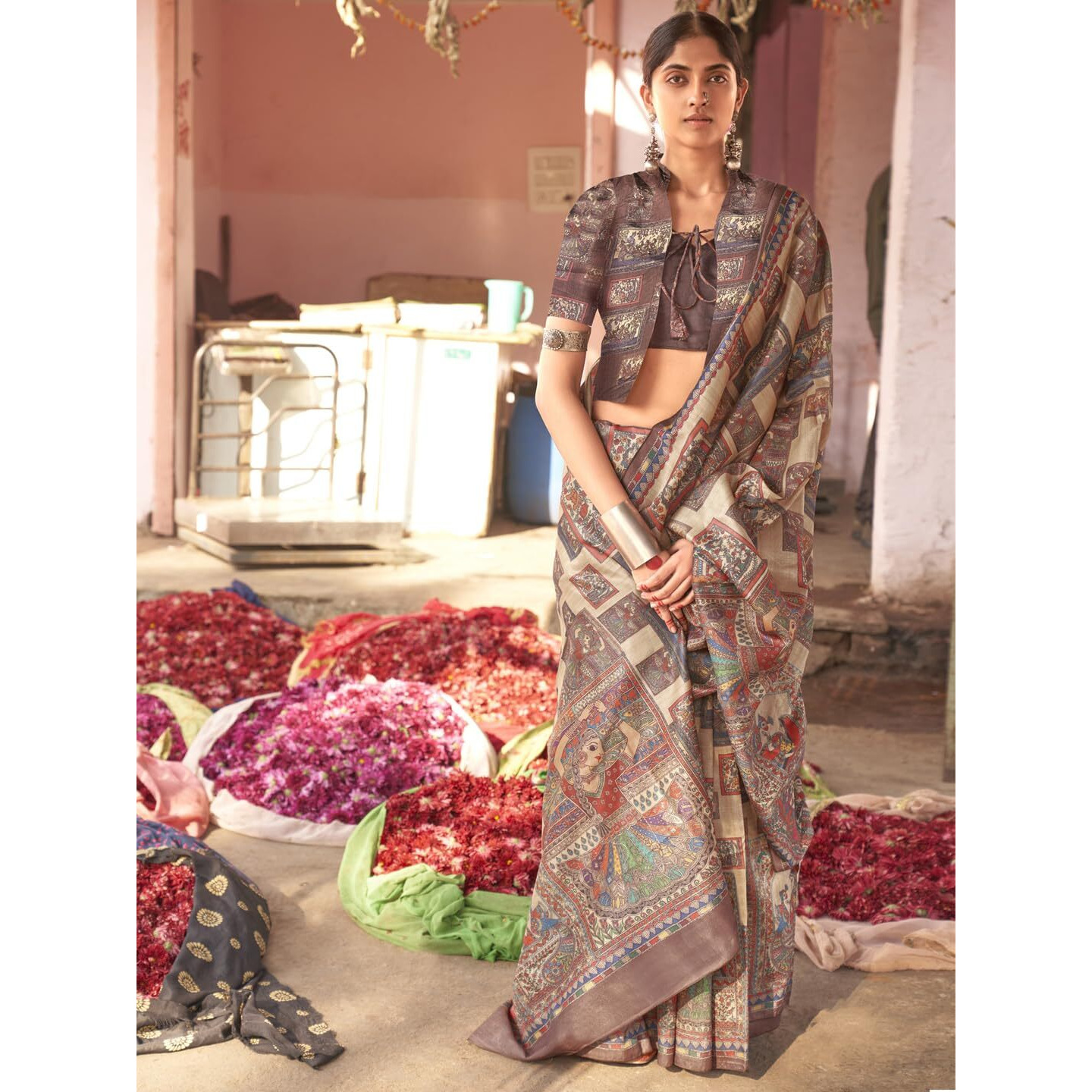 SAREE MALL Womens Banarasi Silk Madhubani Printed Saree With Unstitched Blouse Piece(Beige_PUSHPMNDI101_RS)