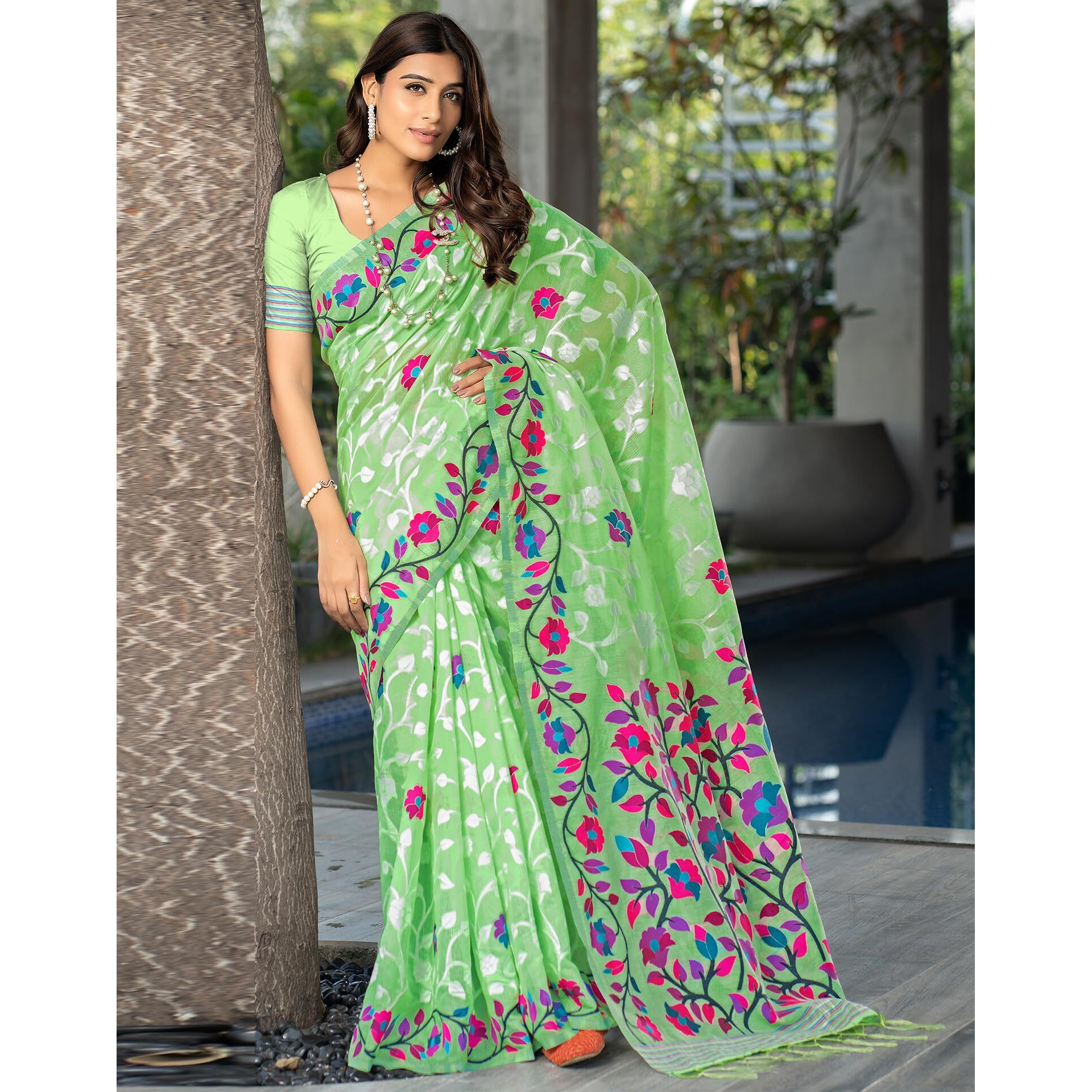 SIRIL Womens Cotton Jacquard Saree With Unstitched Blouse Piece (3417S212_Light Green)