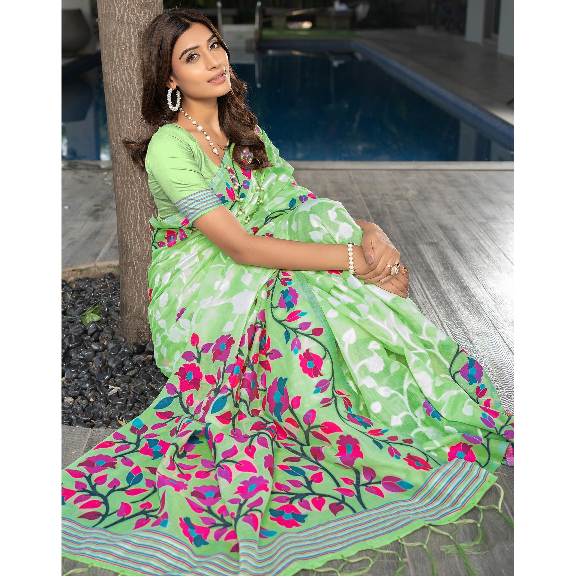SIRIL Womens Cotton Jacquard Saree With Unstitched Blouse Piece (3417S212_Light Green)